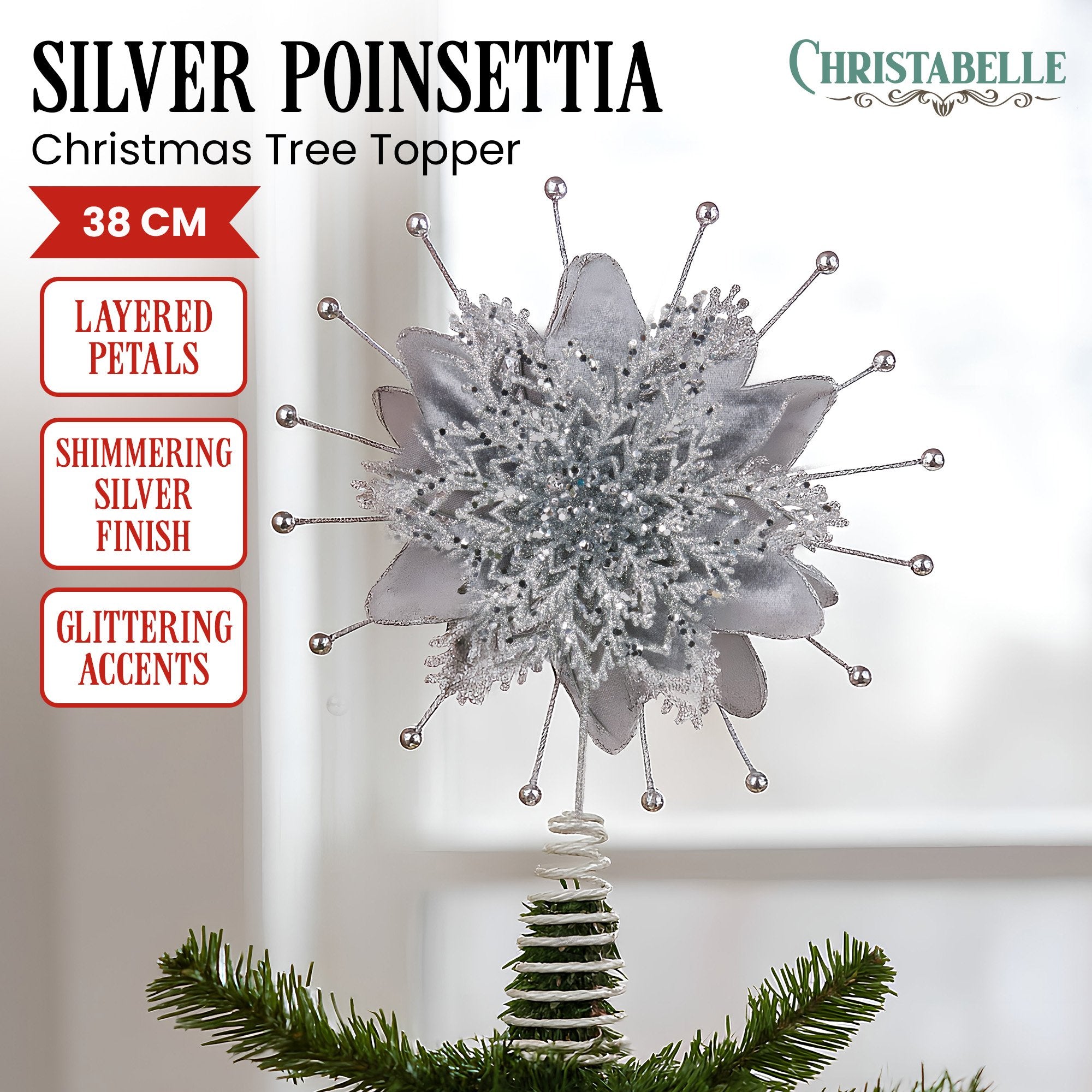 Christabelle Christmas Tree Topper Poinsettia Decoration Ornament Silver Petals V240-112_SHD1043