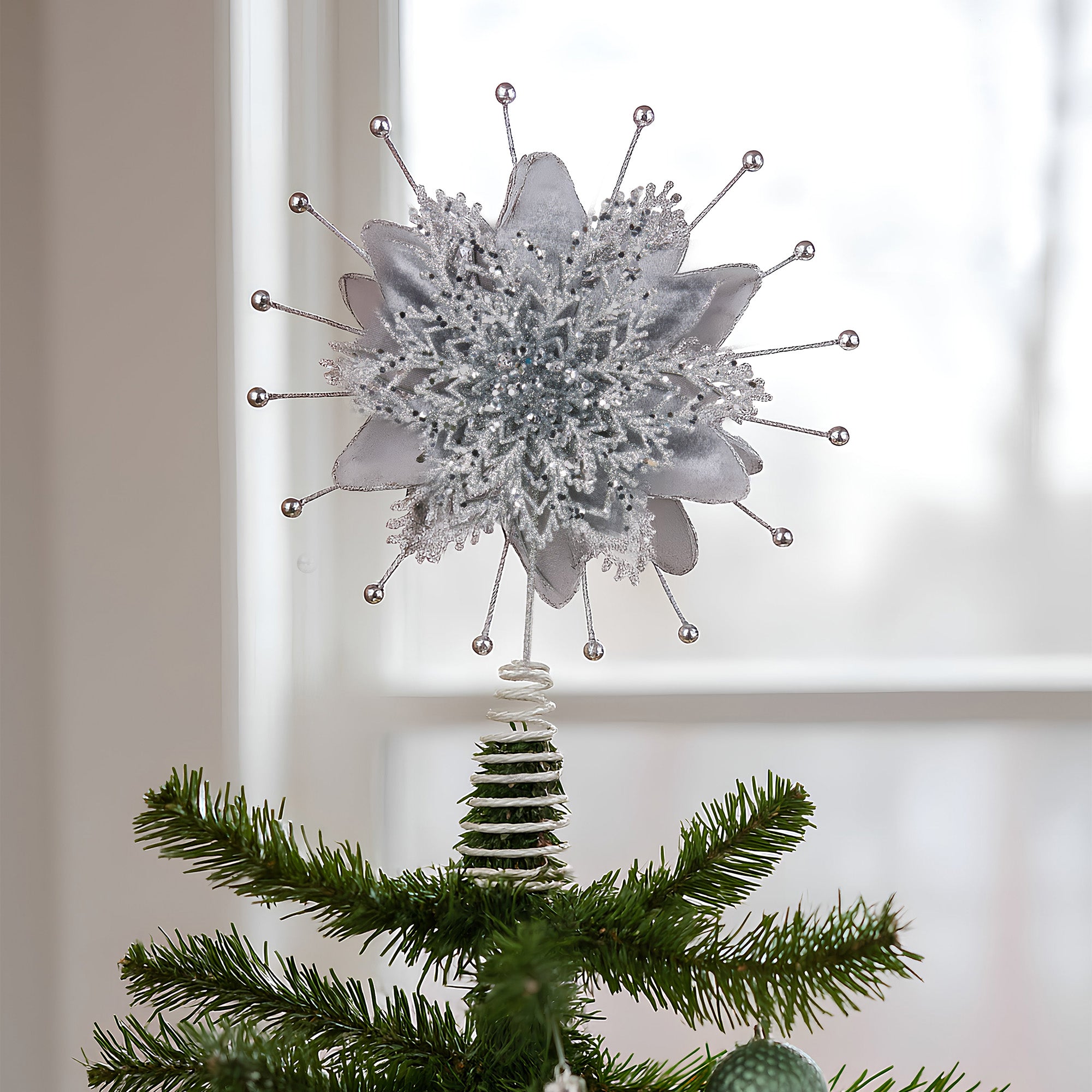 Christabelle Christmas Tree Topper Poinsettia Decoration Ornament Silver Petals V240-112_SHD1043