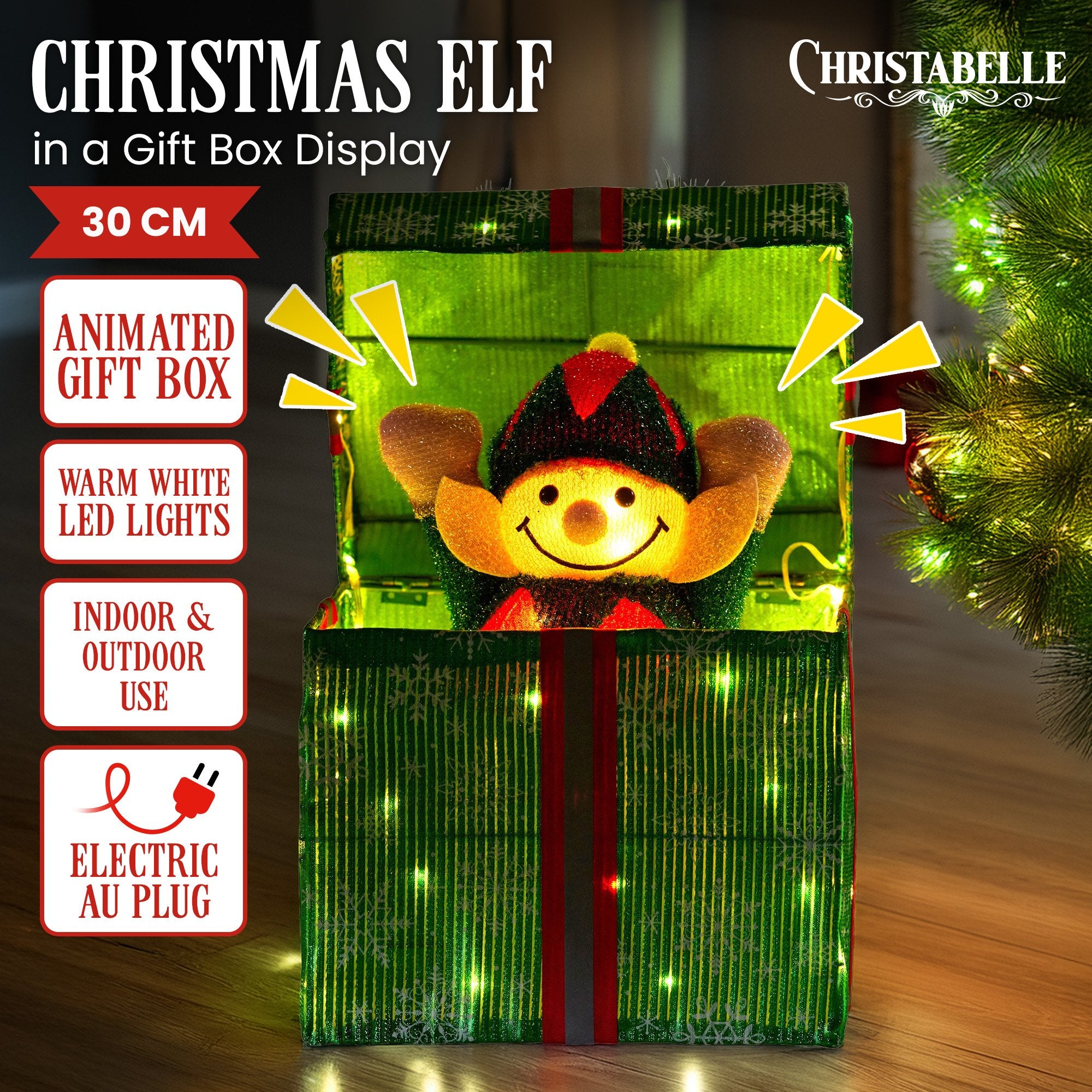 Christabelle Animated Elf Gift Box Led Lights Christmas Tree Decoration Ornament V240-112_SHE101