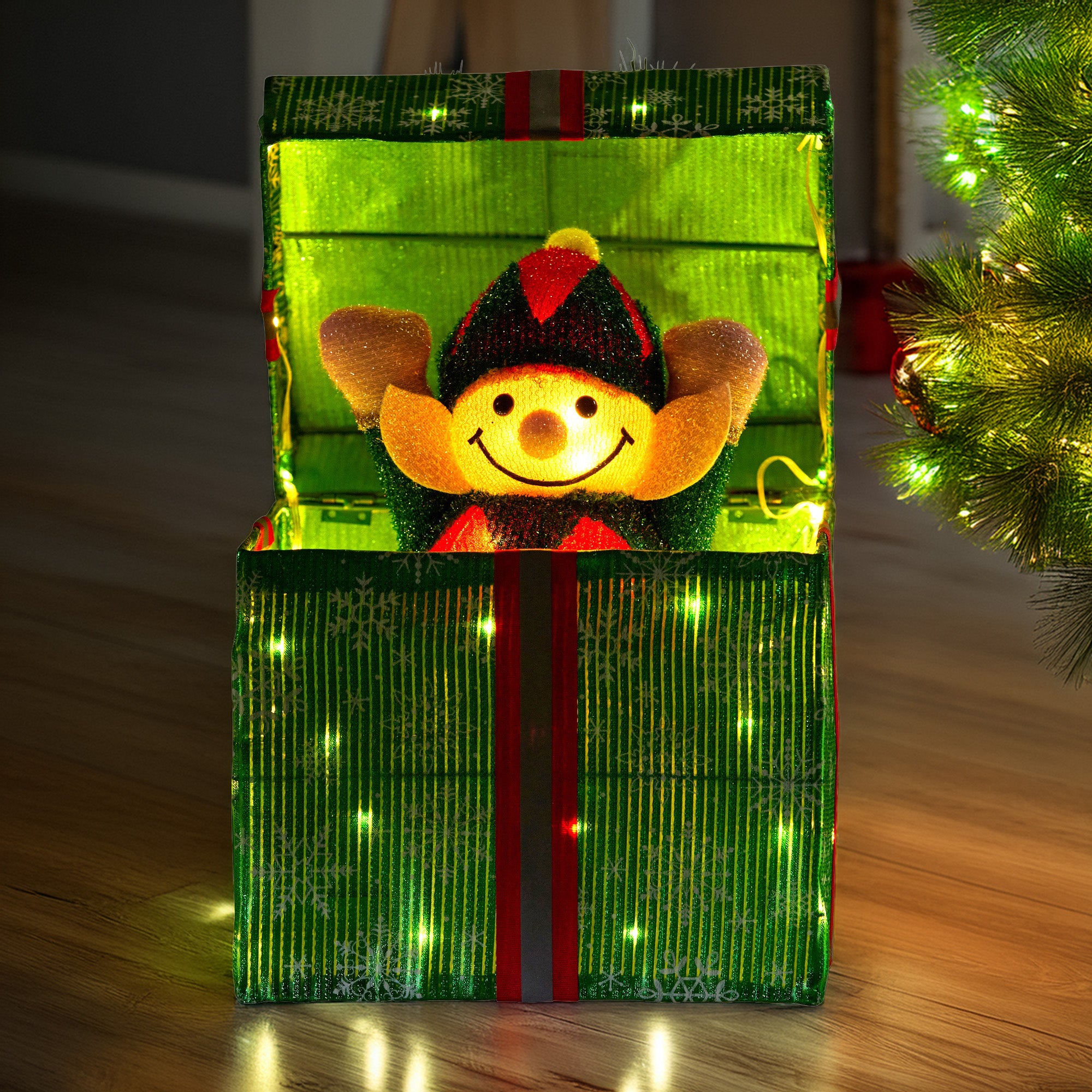 Christabelle Animated Elf Gift Box Led Lights Christmas Tree Decoration Ornament V240-112_SHE101