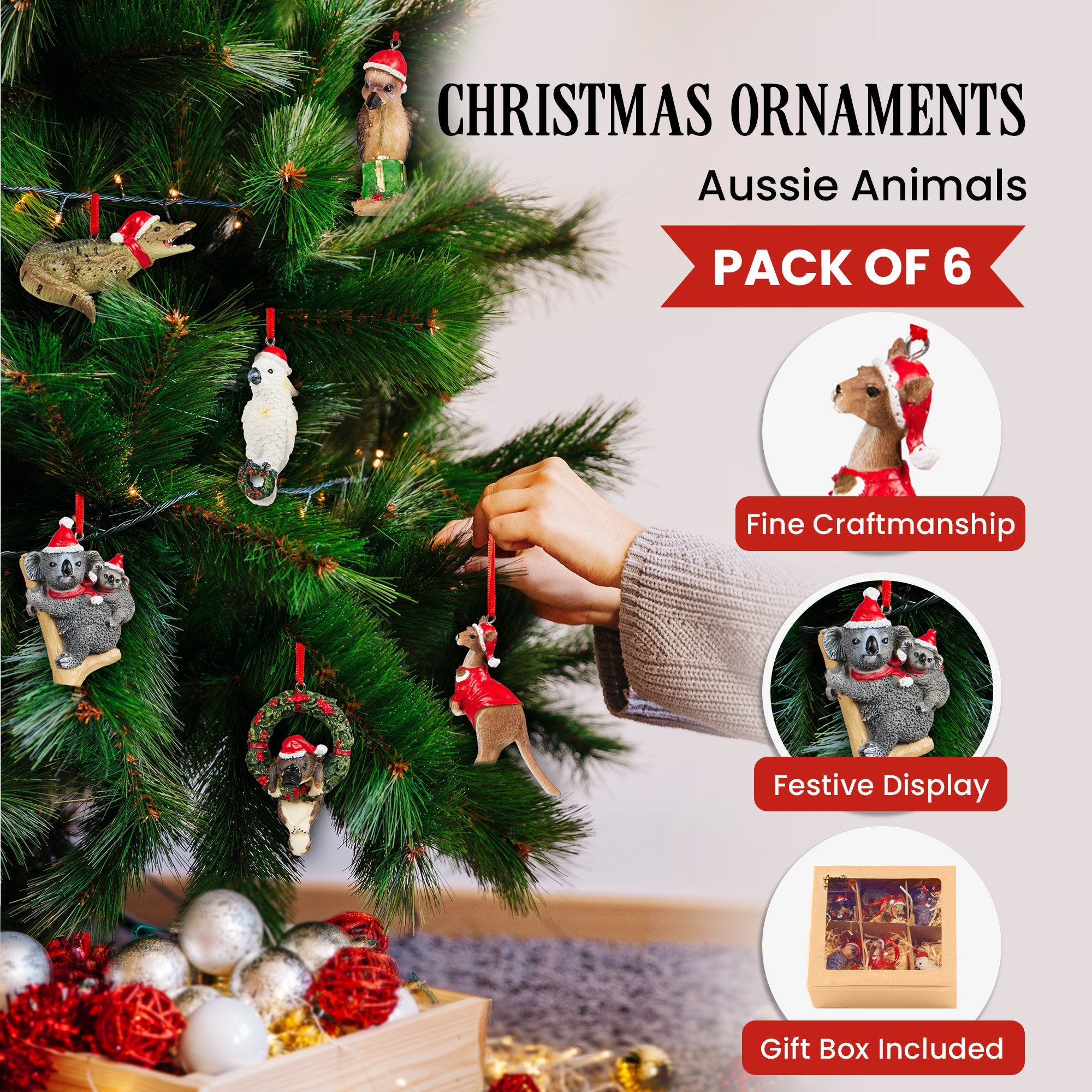 Christabelle Box of 6 Assorted Aussie Animals Christmas Tree Decorations V240-112_STH258