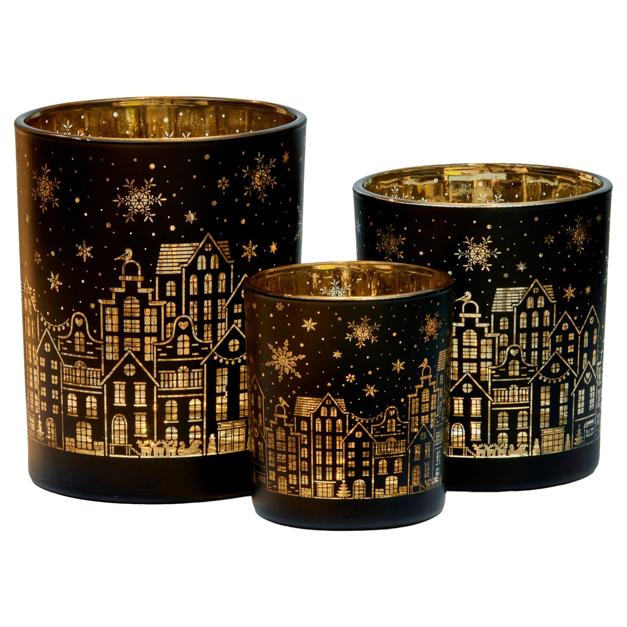 Christabelle Christmas Candle Jar Set Of 3 Black And Gold Holiday Candle Holders V240-112_YAN254