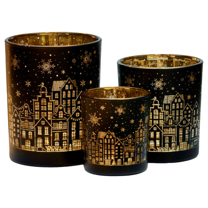 Christabelle Christmas Candle Jar Set Of 3 Black And Gold Holiday Candle Holders V240-112_YAN254