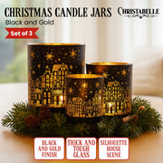 Christabelle Christmas Candle Jar Set Of 3 Black And Gold Holiday Candle Holders V240-112_YAN254