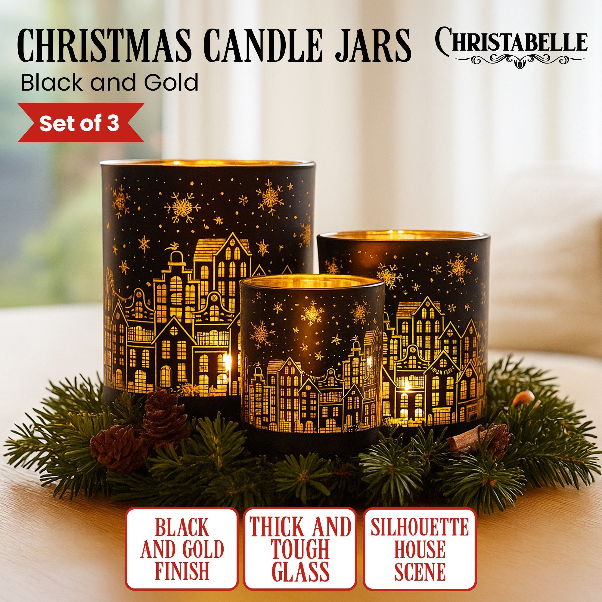 Christabelle Christmas Candle Jar Set Of 3 Black And Gold Holiday Candle Holders V240-112_YAN254
