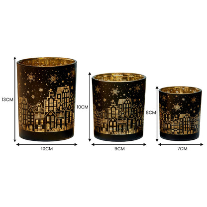 Christabelle Christmas Candle Jar Set Of 3 Black And Gold Holiday Candle Holders V240-112_YAN254