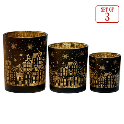Christabelle Christmas Candle Jar Set Of 3 Black And Gold Holiday Candle Holders V240-112_YAN254