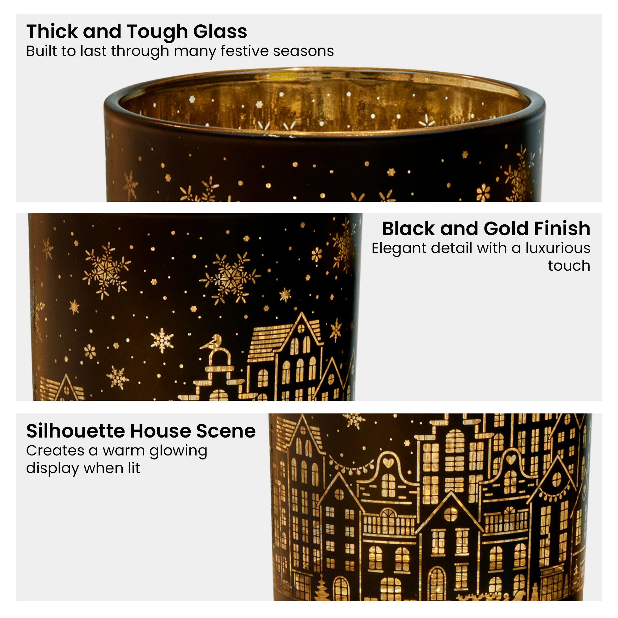 Christabelle Christmas Candle Jar Set Of 3 Black And Gold Holiday Candle Holders V240-112_YAN254