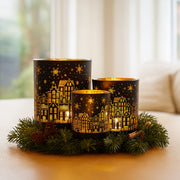 Christabelle Christmas Candle Jar Set Of 3 Black And Gold Holiday Candle Holders V240-112_YAN254