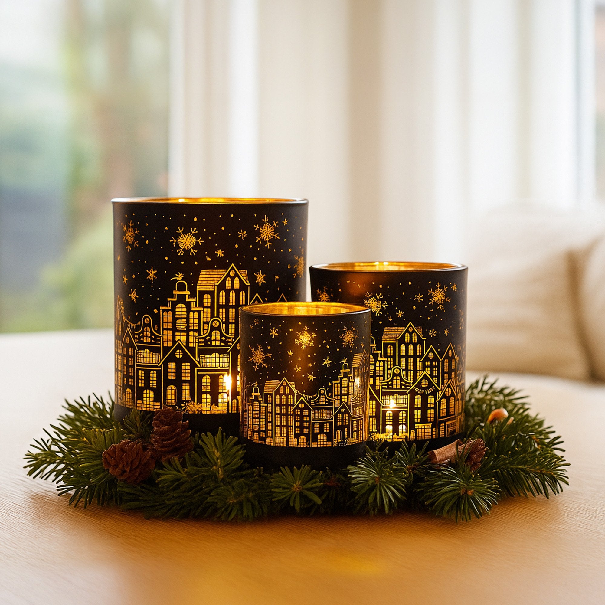 Christabelle Christmas Candle Jar Set Of 3 Black And Gold Holiday Candle Holders V240-112_YAN254