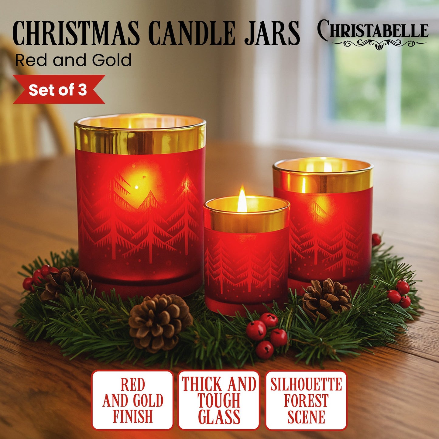 Christabelle Christmas Candle Jar Set Of 3 Red And Gold Holiday Candle Holders V240-112_YAN256