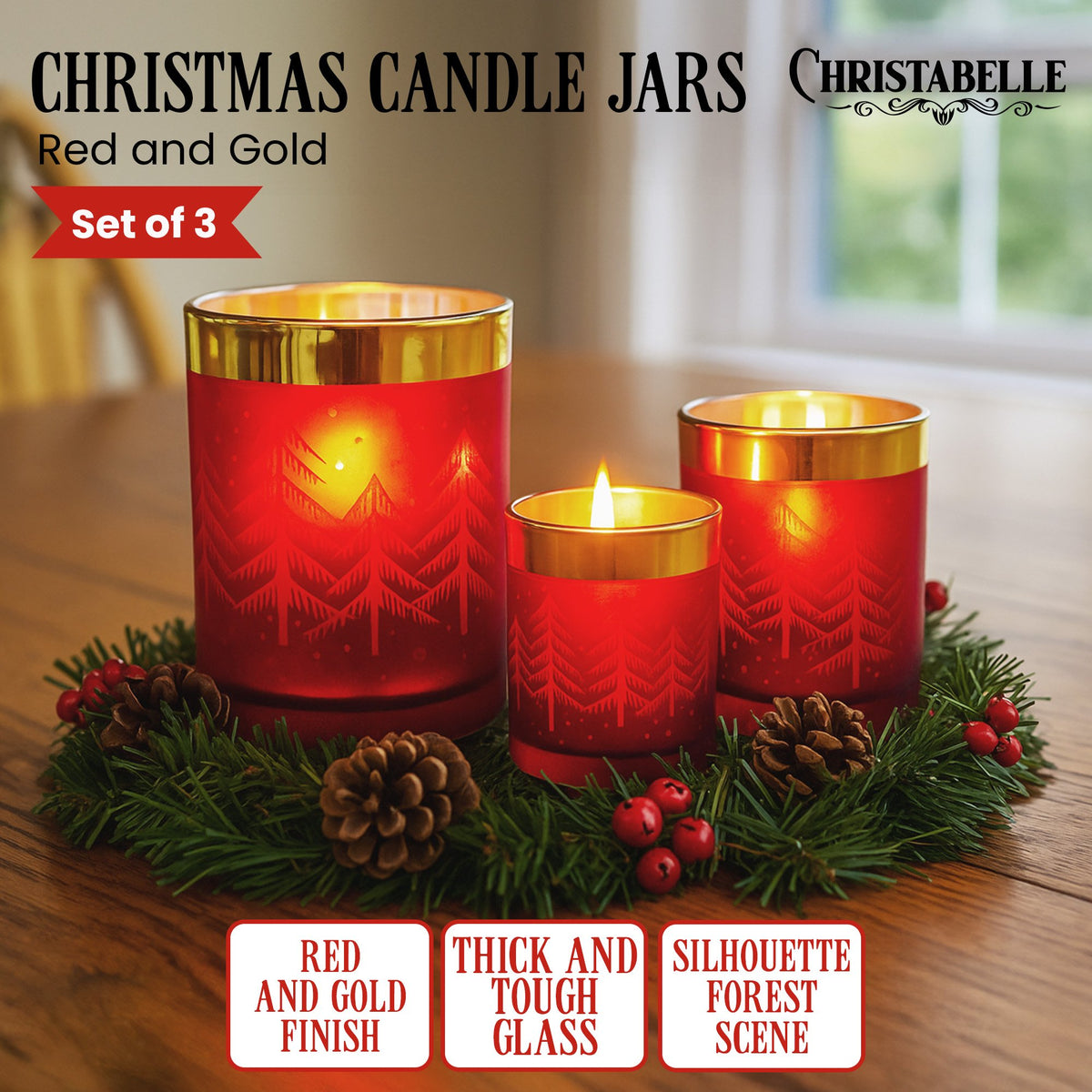 Christabelle Christmas Candle Jar Set Of 3 Red And Gold Holiday Candle Holders V240-112_YAN256