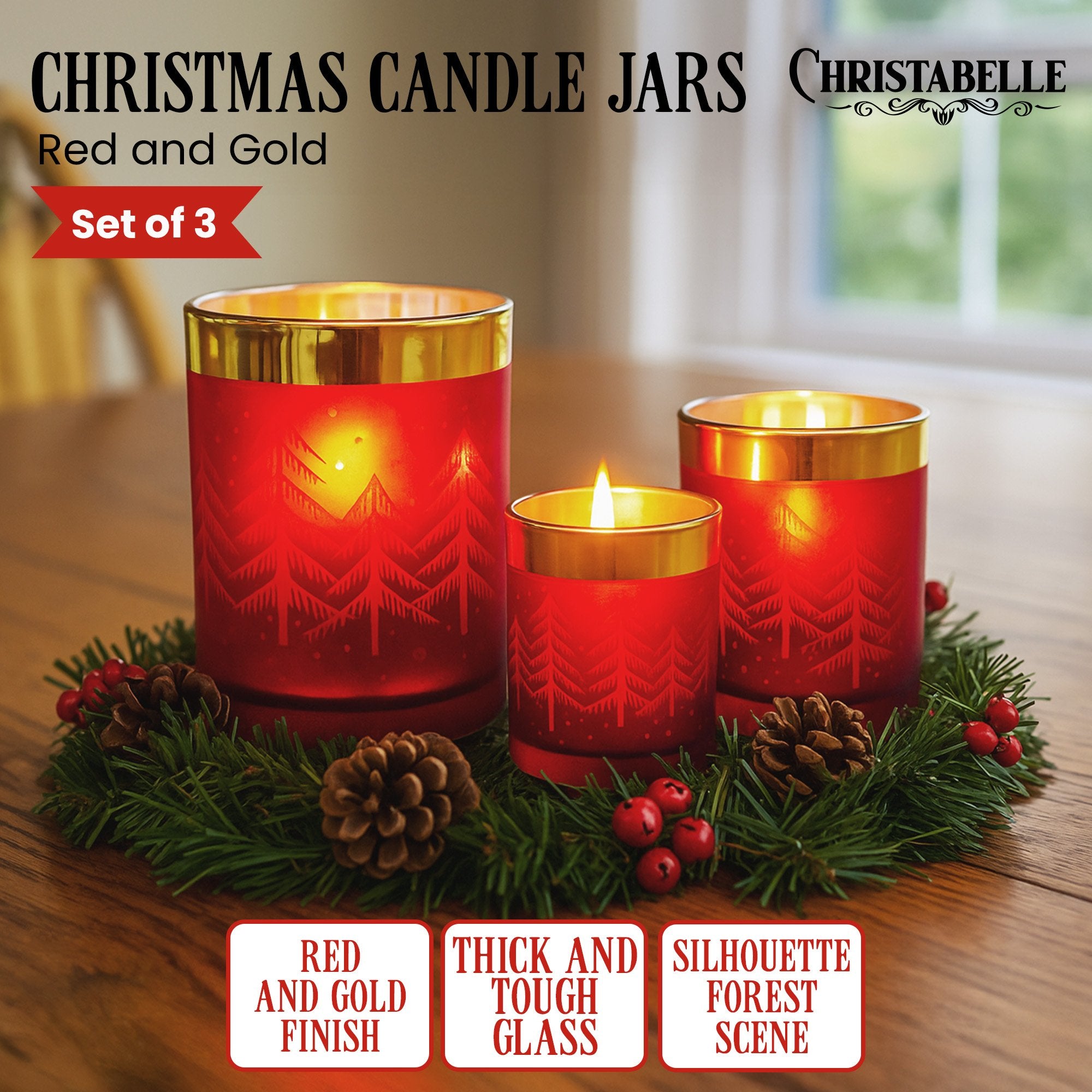 Christabelle Christmas Candle Jar Set Of 3 Red And Gold Holiday Candle Holders V240-112_YAN256