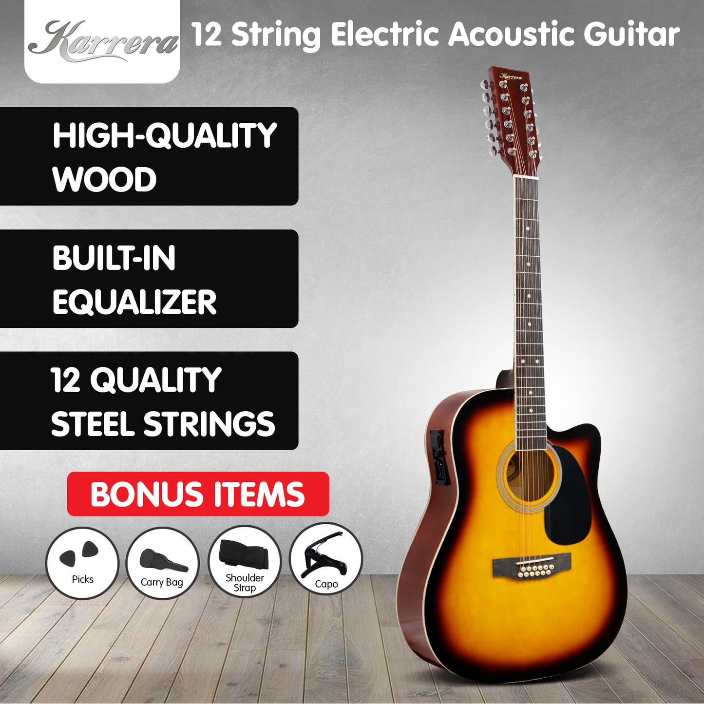 Karrera Acoustic Guitar 12-String with EQ - Sunburst V240-12S-EQ-SB