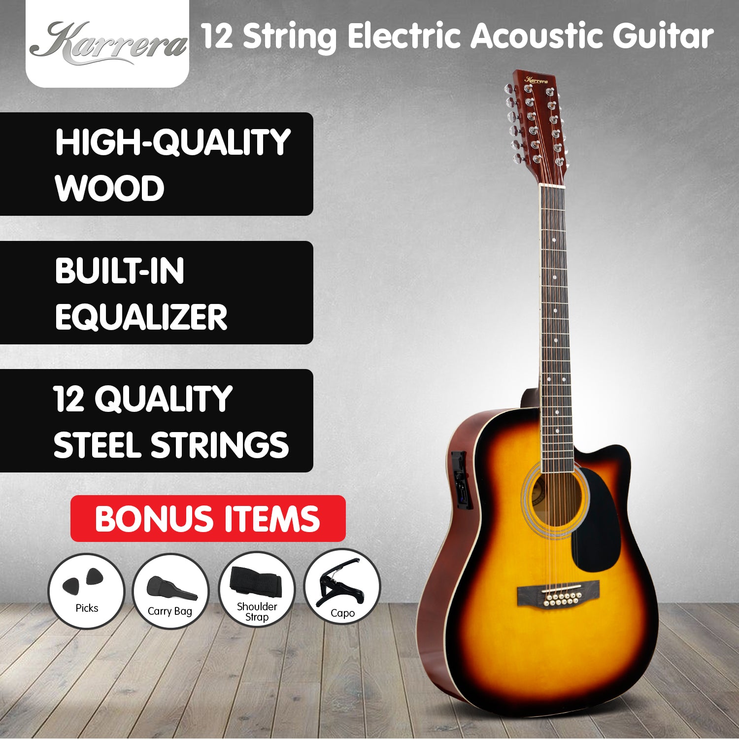 Karrera Acoustic Guitar 12-String with EQ - Sunburst V240-12S-EQ-SB