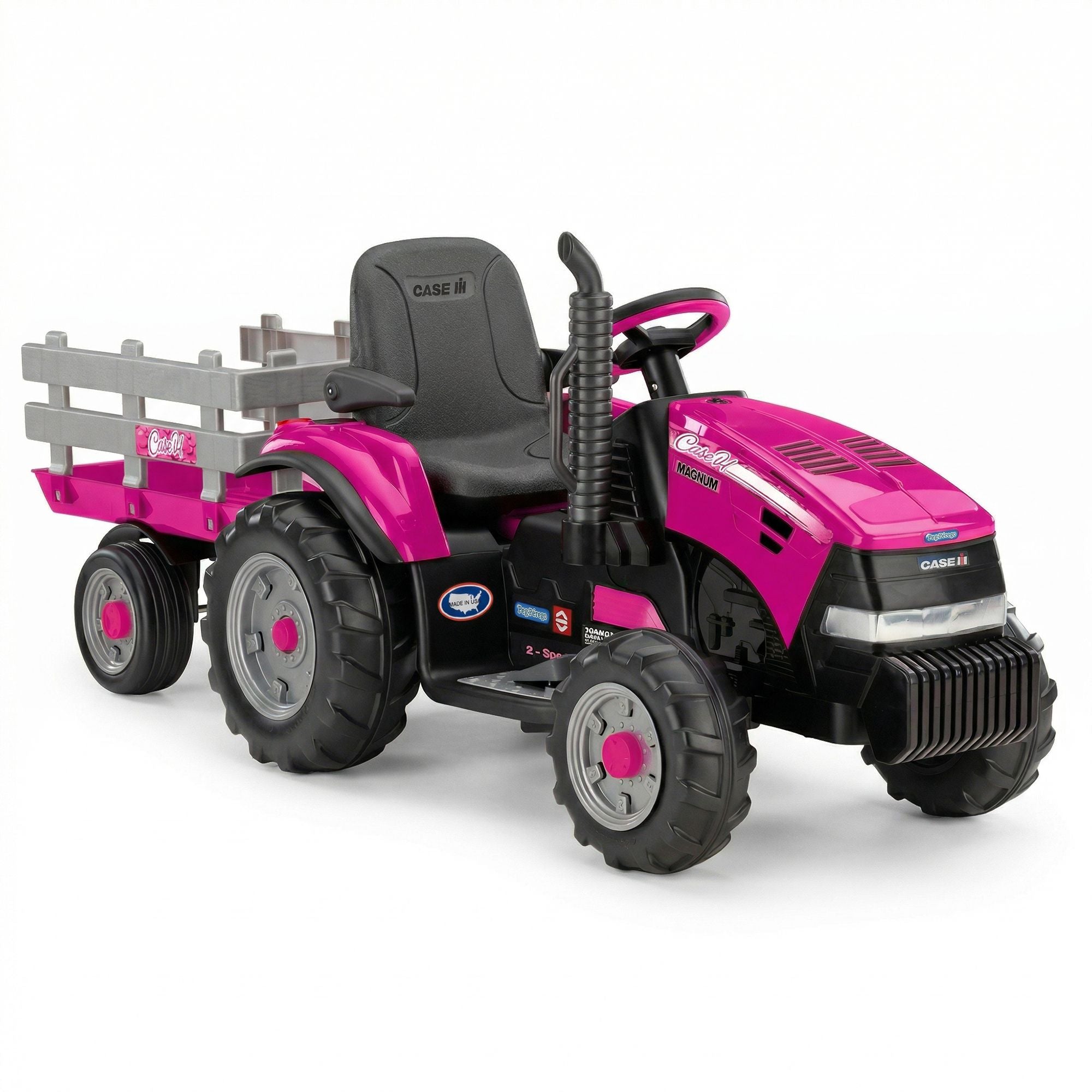 Klika Peg Perego Pink Case IH 12V Kids Ride On Tractor with Trailer 2 Speed Toy V240-44065