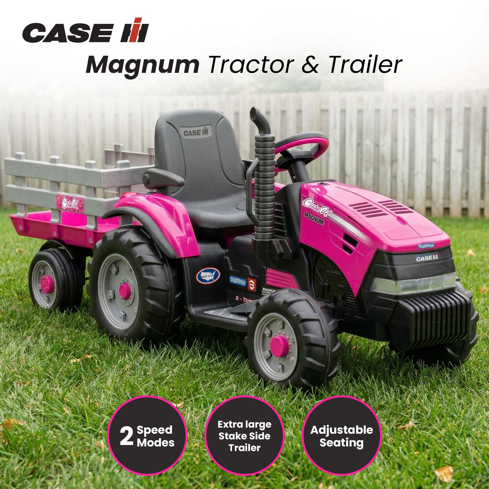 Klika Peg Perego Pink Case IH 12V Kids Ride On Tractor with Trailer 2 Speed Toy V240-44065