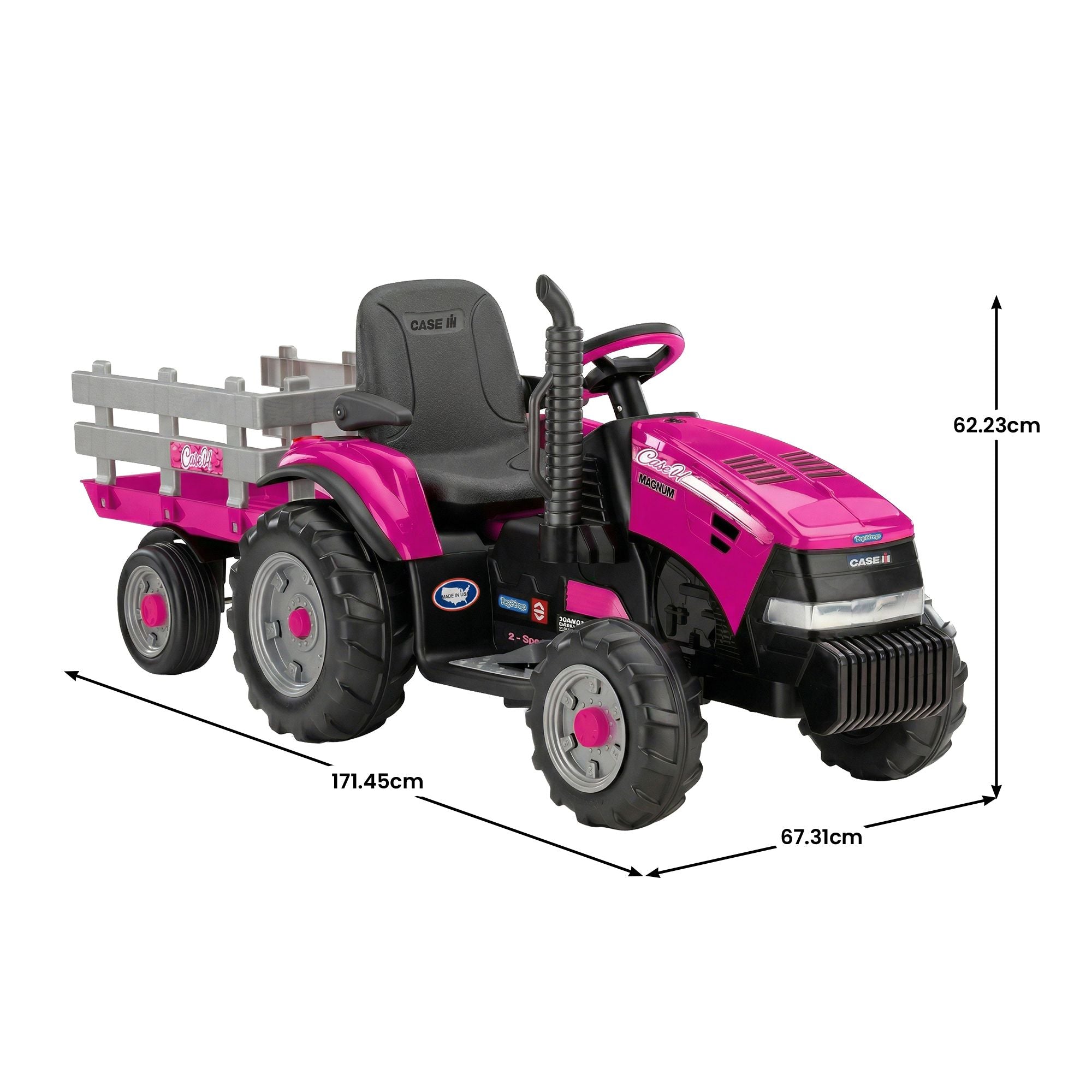 Klika Peg Perego Pink Case IH 12V Kids Ride On Tractor with Trailer 2 Speed Toy V240-44065