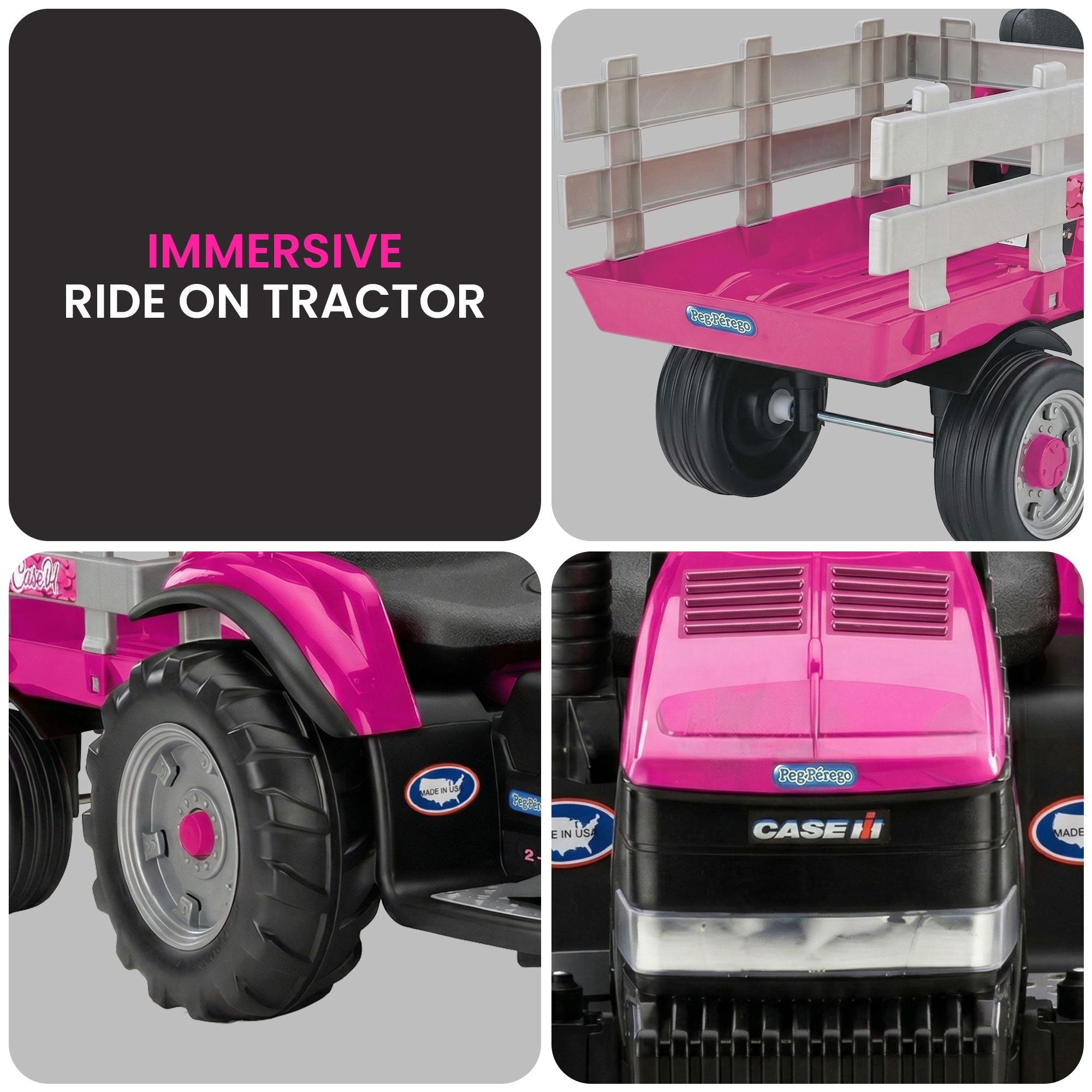 Klika Peg Perego Pink Case IH 12V Kids Ride On Tractor with Trailer 2 Speed Toy V240-44065