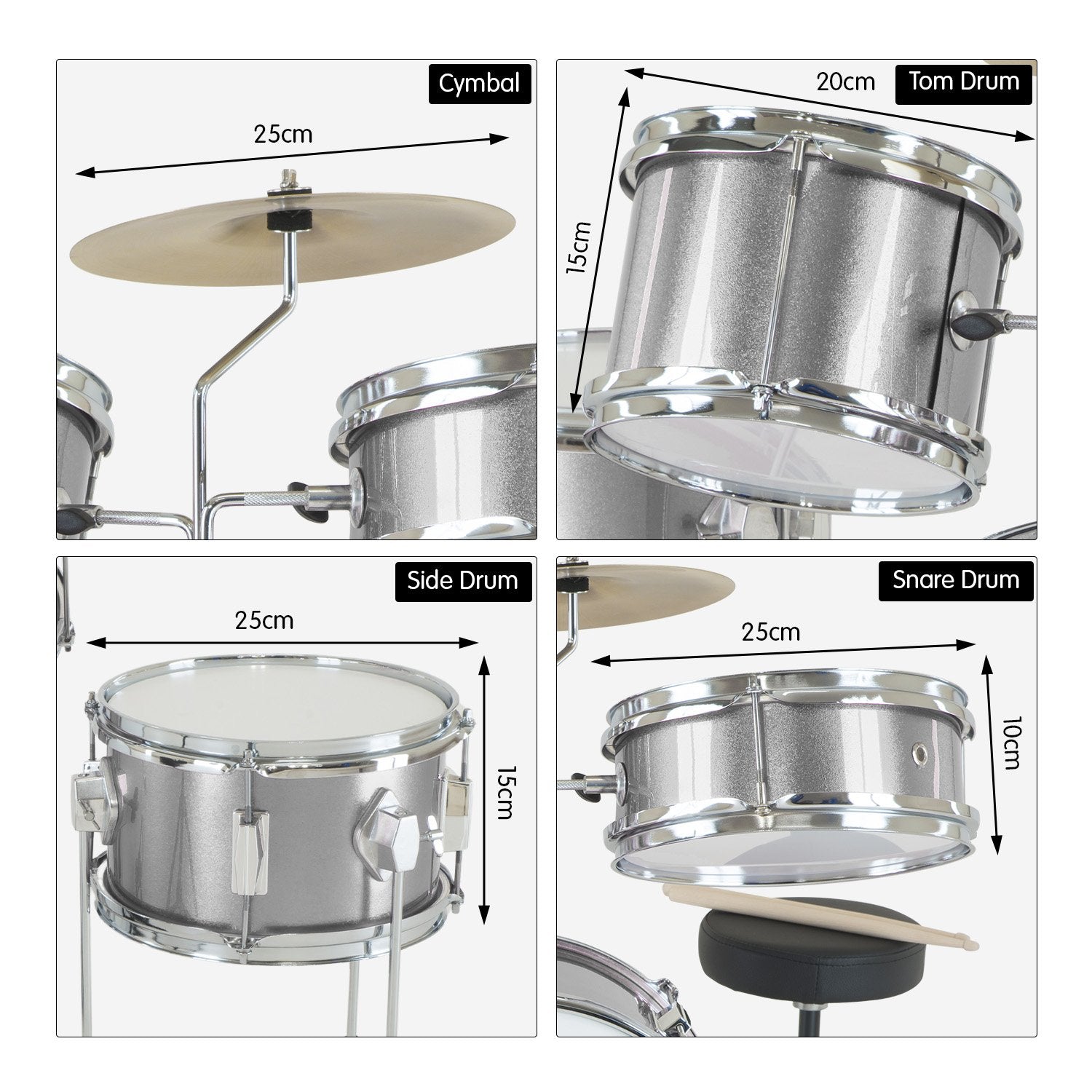 Karrera Childrens 4pc Drum Kit - Silver V240-4PC-DRUM-SL