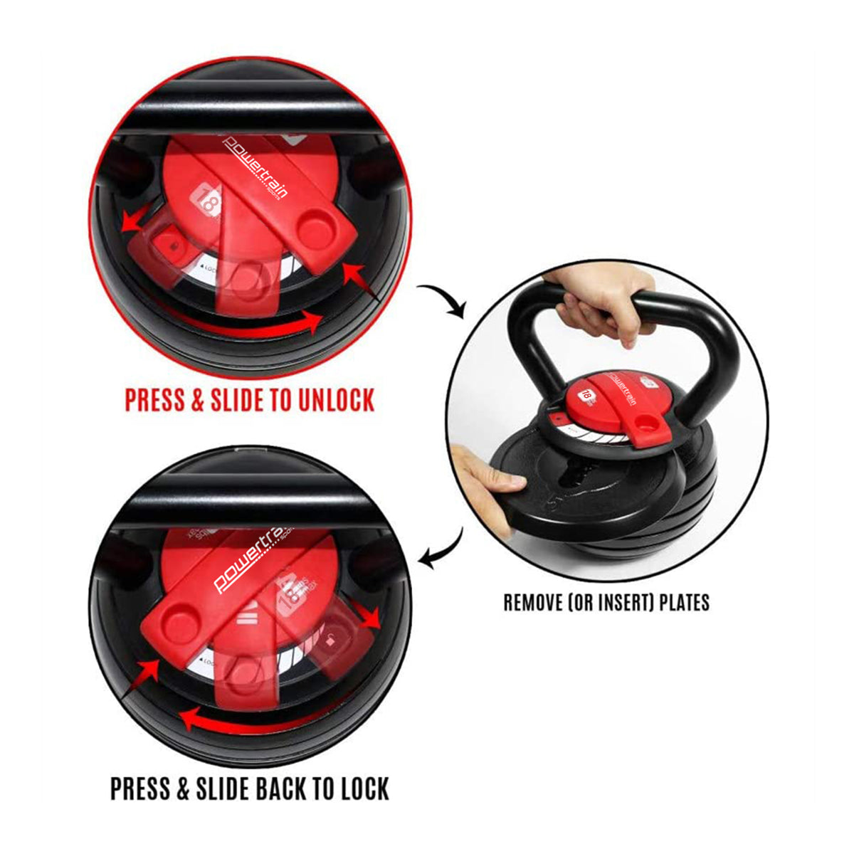 Powertrain Adjustable Kettle Bell Weights Dumbbell 18kg V240-AKB-18-BKRD