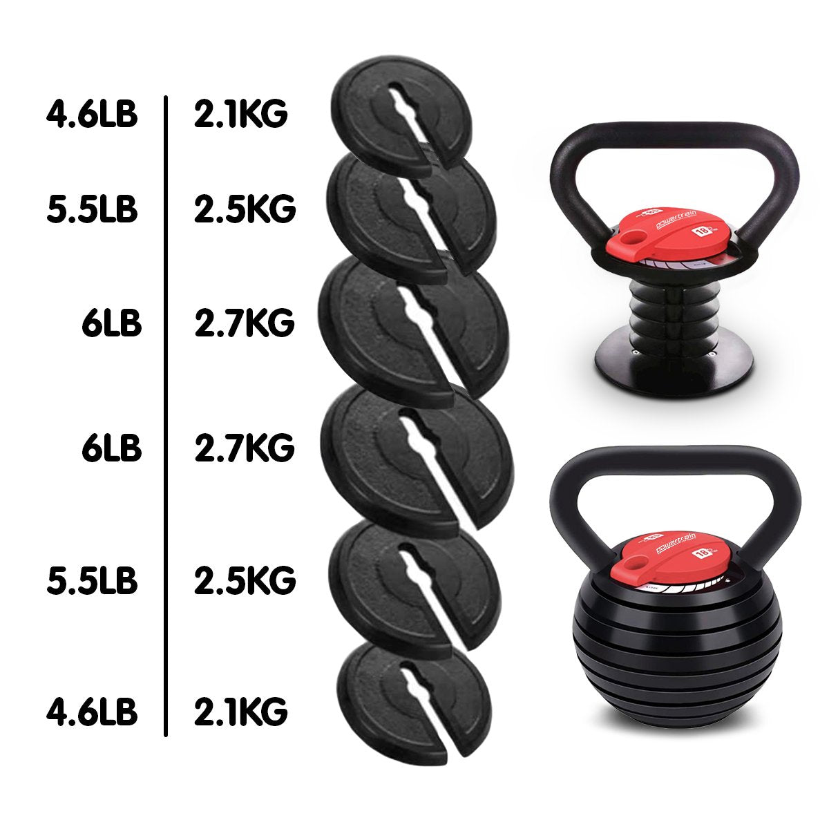 Powertrain Adjustable Kettle Bell Weights Dumbbell 18kg V240-AKB-18-BKRD