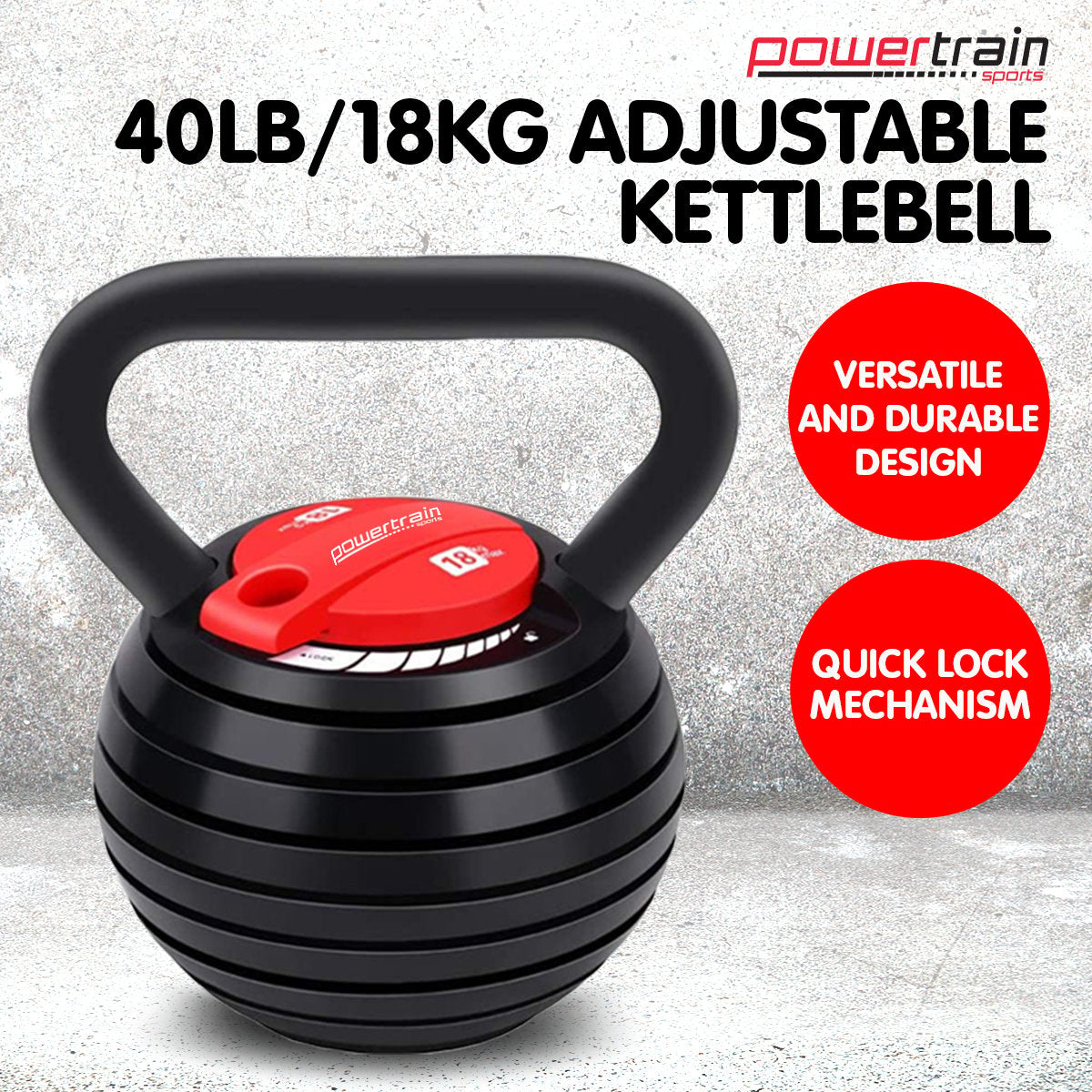 Powertrain Adjustable Kettle Bell Weights Dumbbell 18kg V240-AKB-18-BKRD