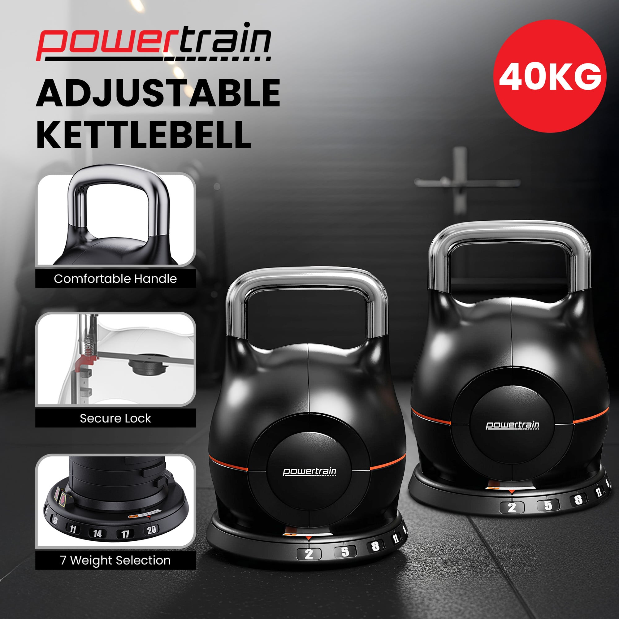 Powertrain 40kg Adjustable Kettlebell One Hand Adjustment Weight Set V240-AKB-XDB-20-2
