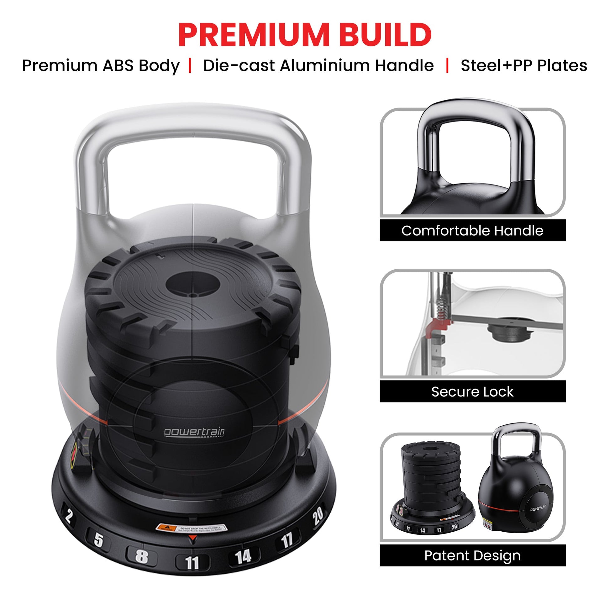 Powertrain 40kg Adjustable Kettlebell One Hand Adjustment Weight Set V240-AKB-XDB-20-2