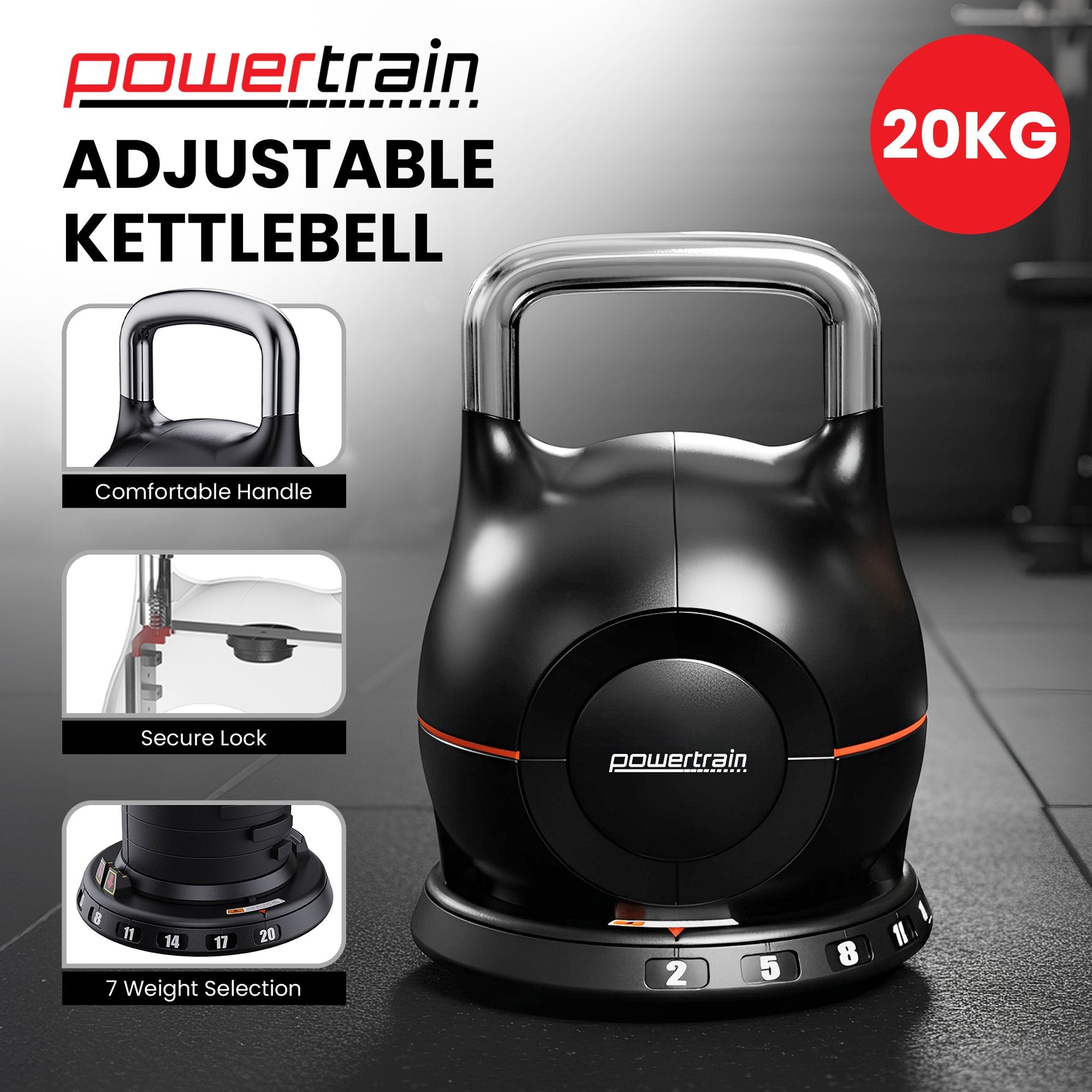 Powertrain Adjustable Kettlebell 20kg 7 in 1 Weight Selection Set w/Quick One Hand Adjustment Secure Locking V240-AKB-XDB-20