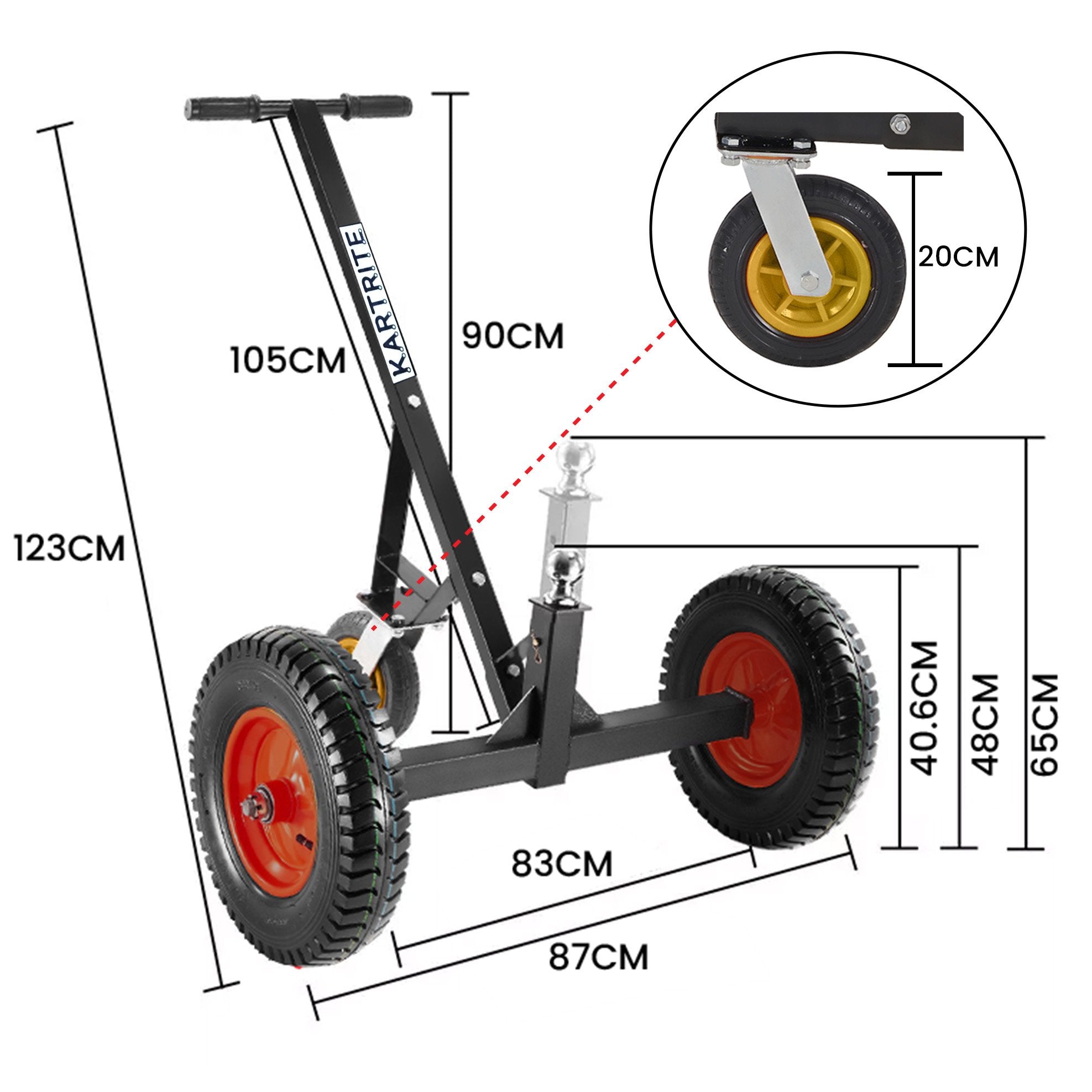 Kartrite 3-Wheel Adjustable Trailer Dolly Heavy Duty Caravan Mover 1000 lbs Tongue Capacity Durable Transport V240-ATD-TD77-BLK