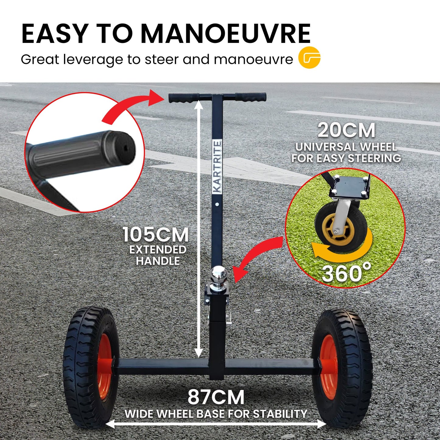 Kartrite 3-Wheel Adjustable Trailer Dolly Heavy Duty Caravan Mover 1000 lbs Tongue Capacity Durable Transport V240-ATD-TD77-BLK