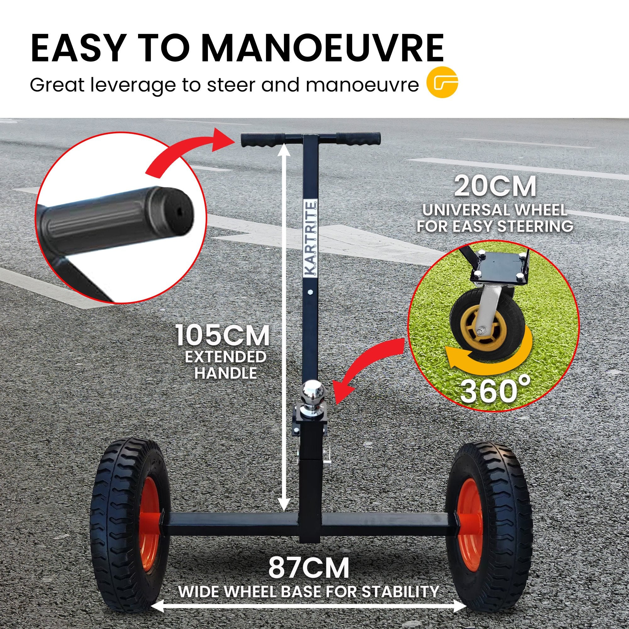 Kartrite 3-Wheel Adjustable Trailer Dolly Heavy Duty Caravan Mover 1000 lbs Tongue Capacity Durable Transport V240-ATD-TD77-BLK