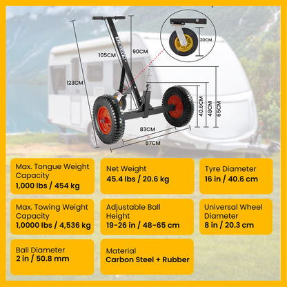Kartrite 3-Wheel Adjustable Trailer Dolly Heavy Duty Caravan Mover 1000 lbs Tongue Capacity Durable Transport V240-ATD-TD77-BLK