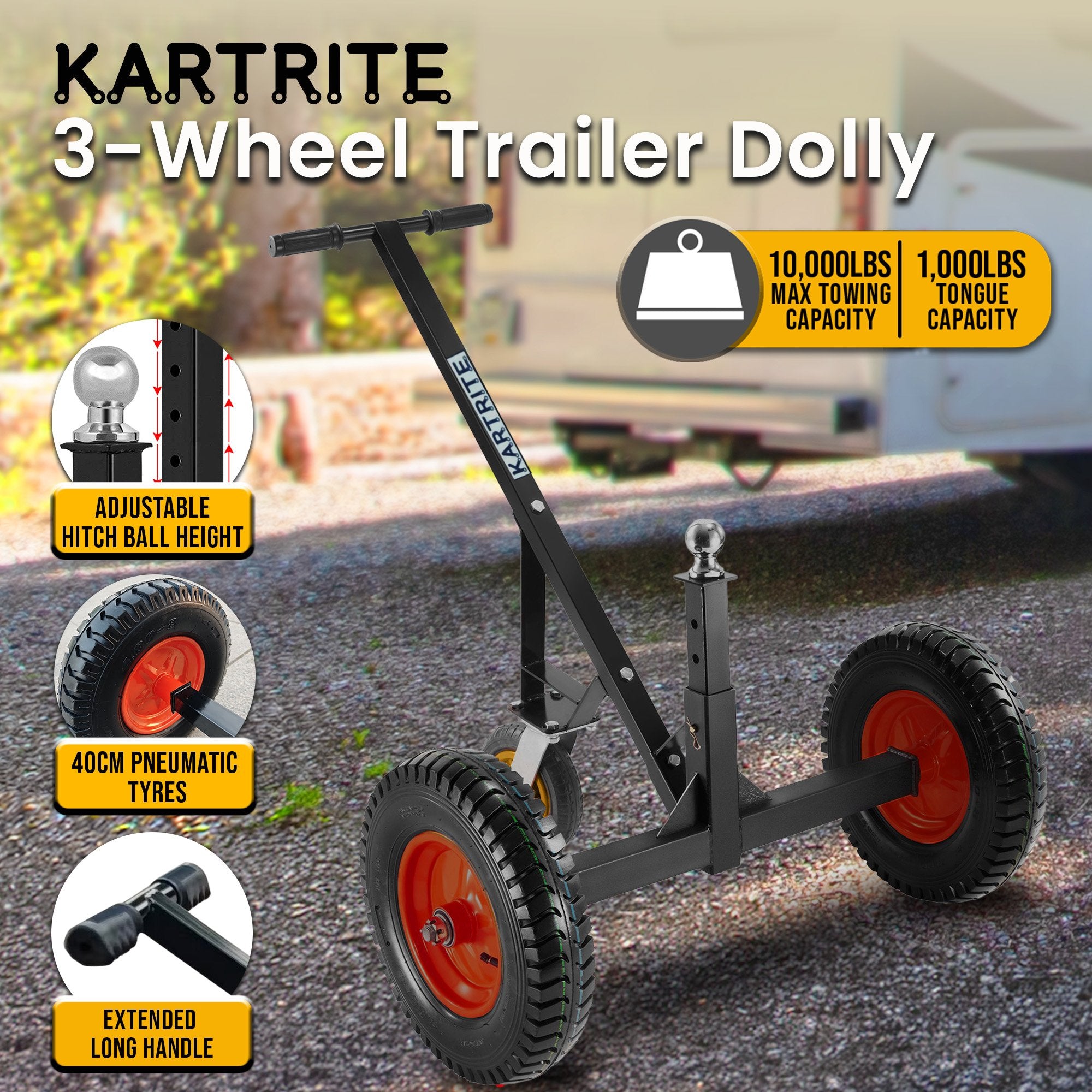 Kartrite 3-Wheel Adjustable Trailer Dolly Heavy Duty Caravan Mover 1000 lbs Tongue Capacity Durable Transport V240-ATD-TD77-BLK