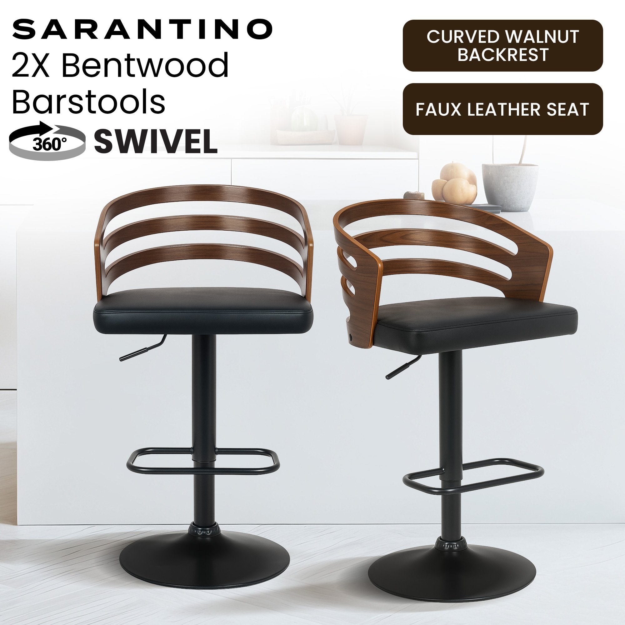 Sarantino Set Of 2 Bentwood Walnut Barstool Adjustable Height Swivel Footrest V240-BAR-MLM-081-2