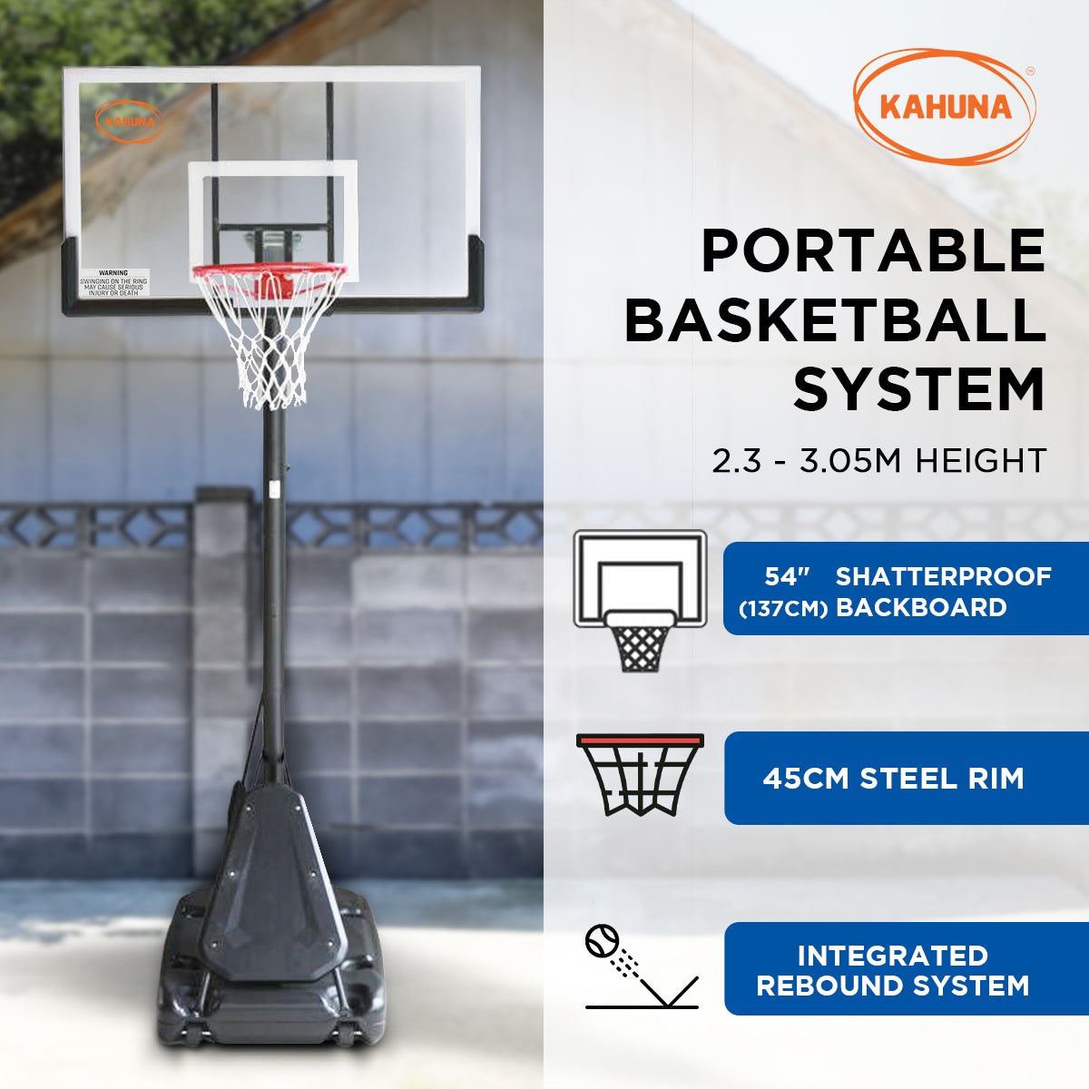 Kahuna Portable Basketball Hoop System 2.3 to 3.05m for Kids & Adults V240-BBS-ZY-029-54