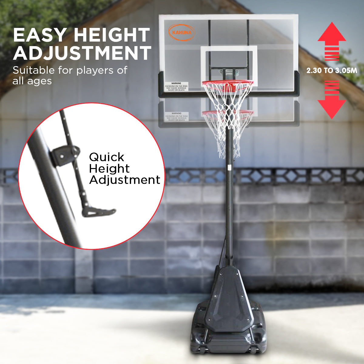 Kahuna Portable Basketball Hoop System 2.3 to 3.05m for Kids & Adults V240-BBS-ZY-029-54