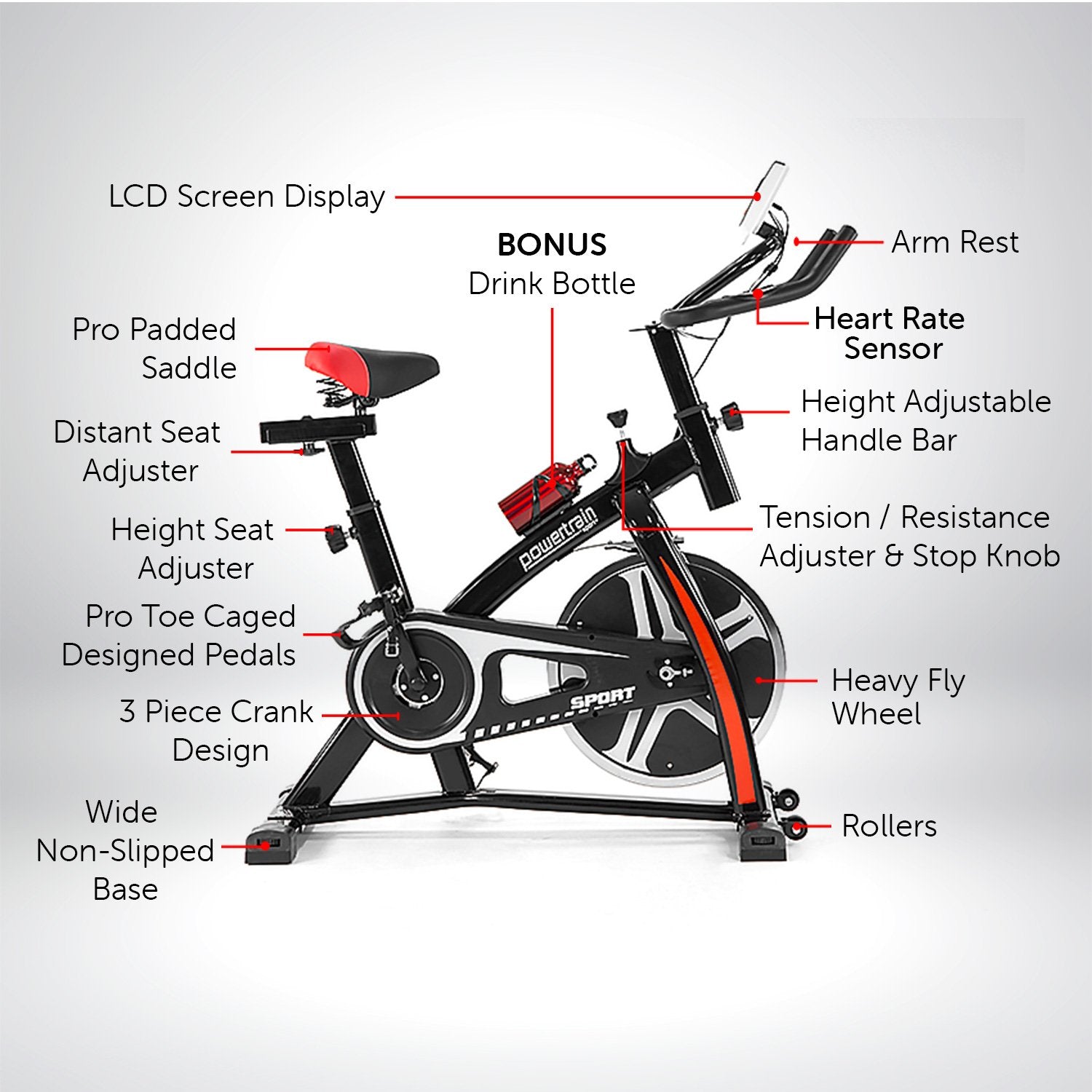 Powertrain Home Gym Flywheel Exercise Spin Bike - Black V240-BIKE1