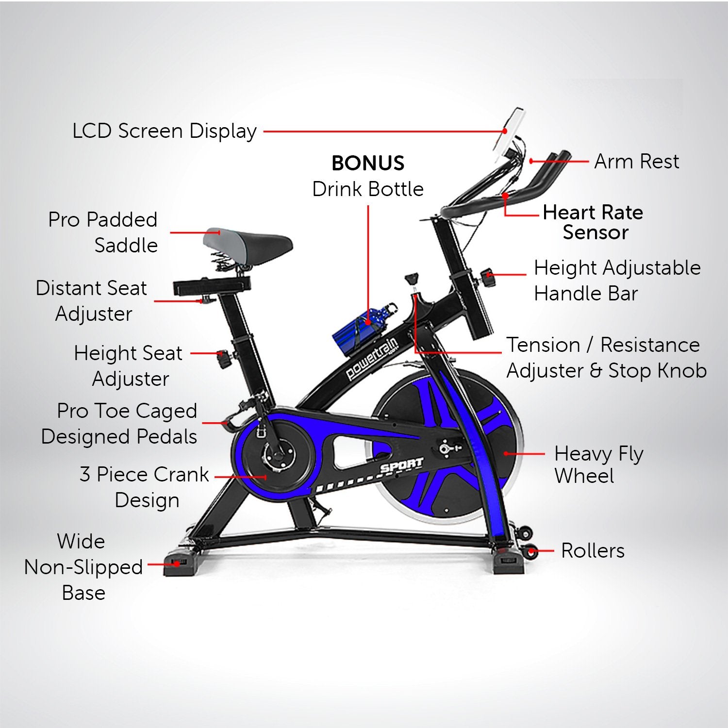 Powertrain Home Gym Flywheel Exercise Spin Bike - Blue V240-BKE-XJJ-91-BU