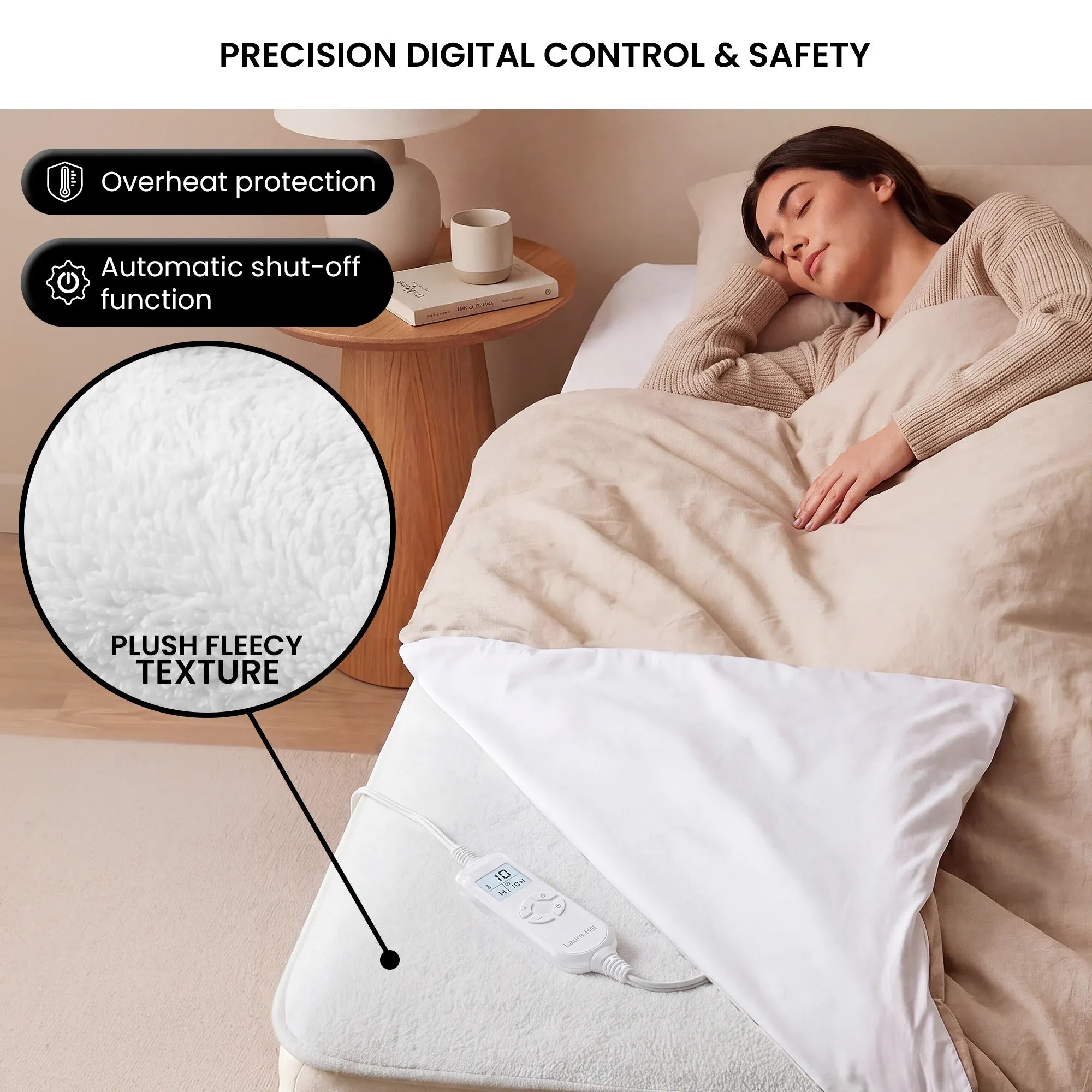 Laura Hill Single Electric Heated Underlay Blanket Fleecy Fabric with Timer V240-BKT-FLC-CRM-SN