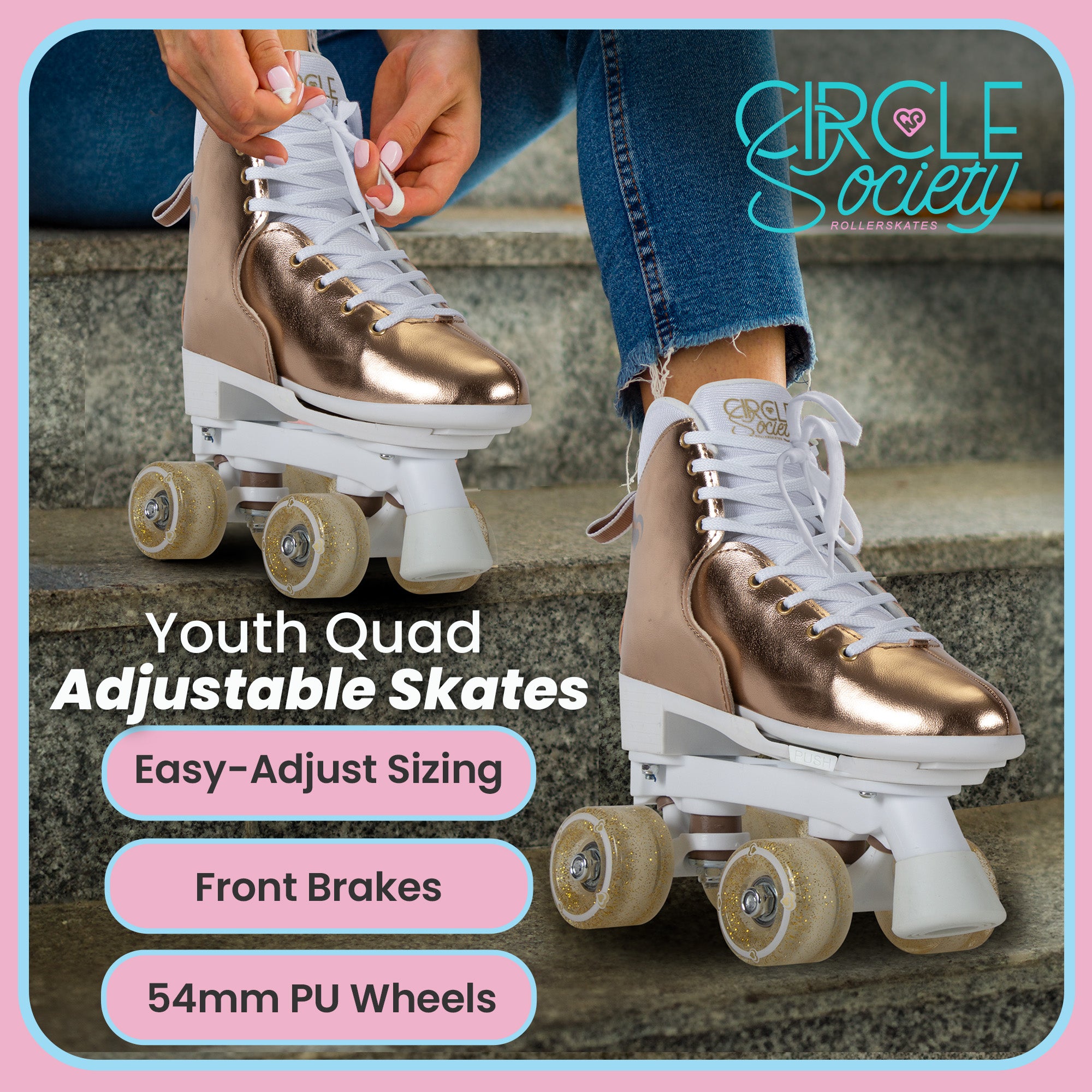 Circle Society Adjustable Quad Kids Roller Skates In Metallic Rose Gold V240-BS-171362