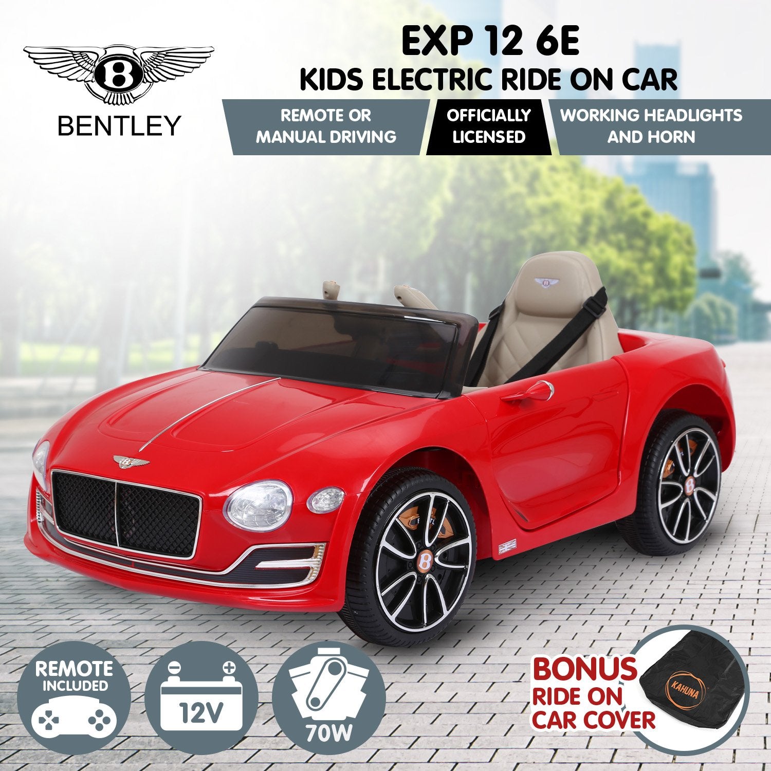 Kahuna Bentley Exp 12 Speed 6E Licensed Kids Ride On Electric Car Remote Control - Red V240-CAR-BEN-RD