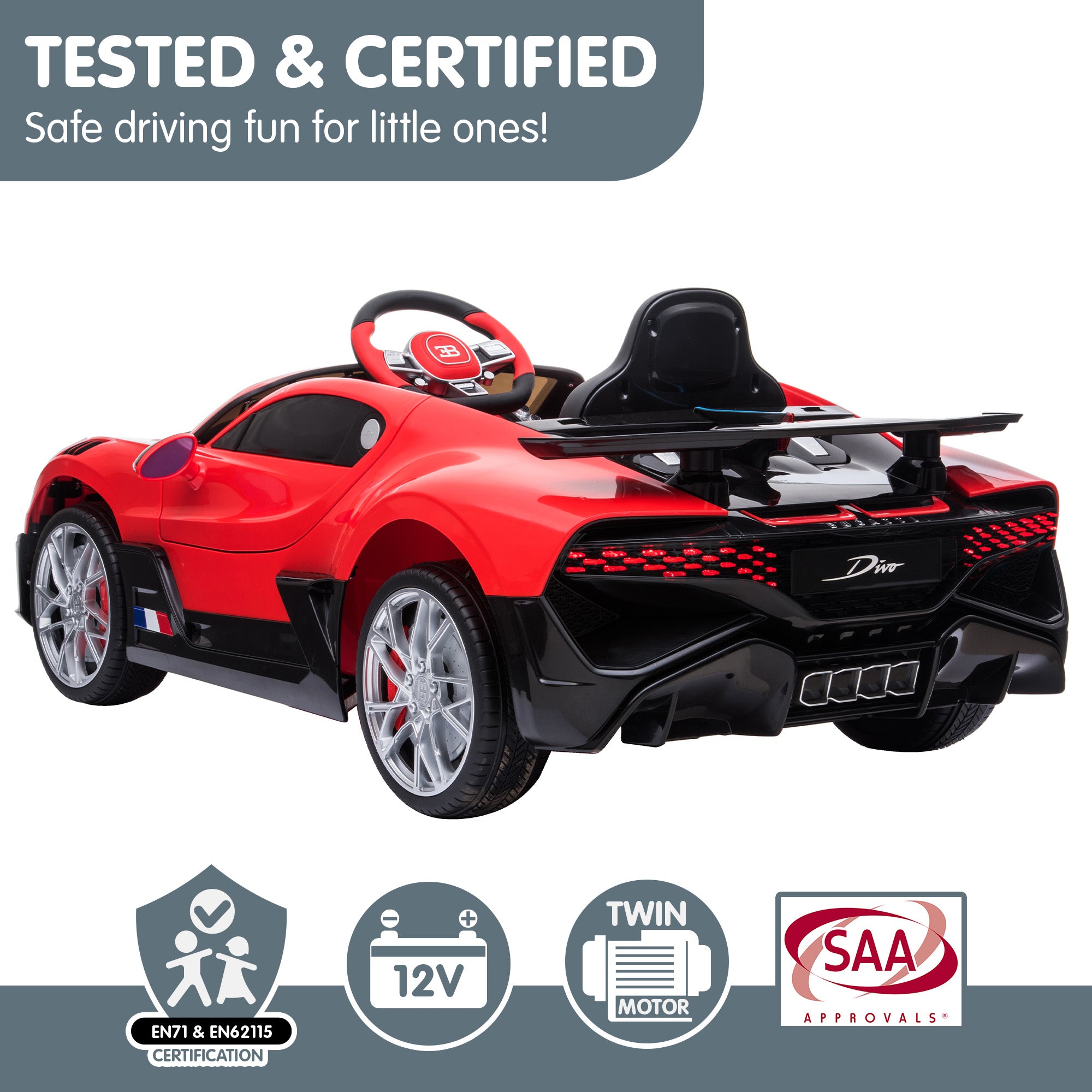 Kahuna Licensed Bugatti Divo Kids Electric Ride On Car - Red V240-CAR-BGT-338-RD