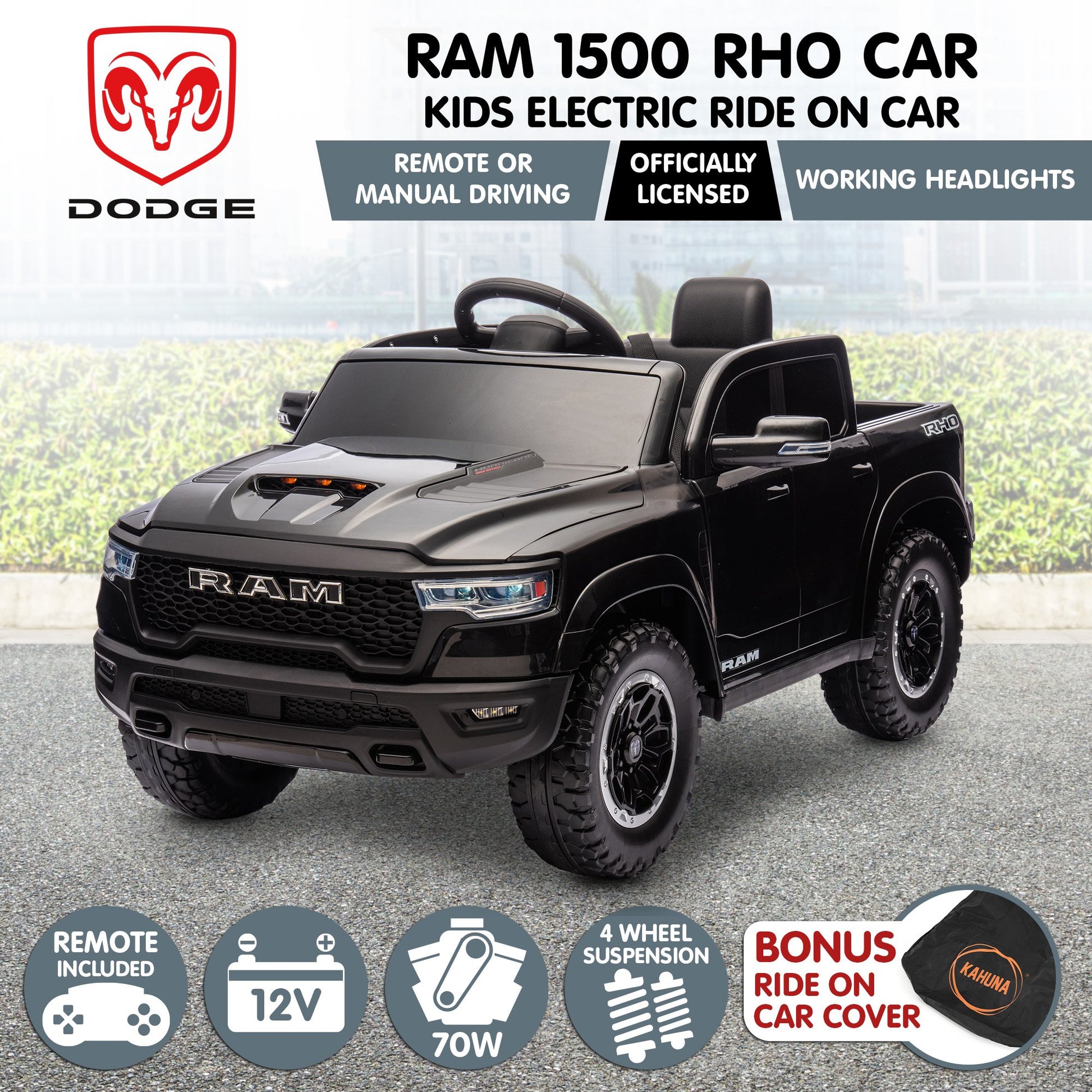 Kahuna Ram 1500 RHO Kids Electric Ride On Car with Remote Control V240-CAR-DDR-618-BK