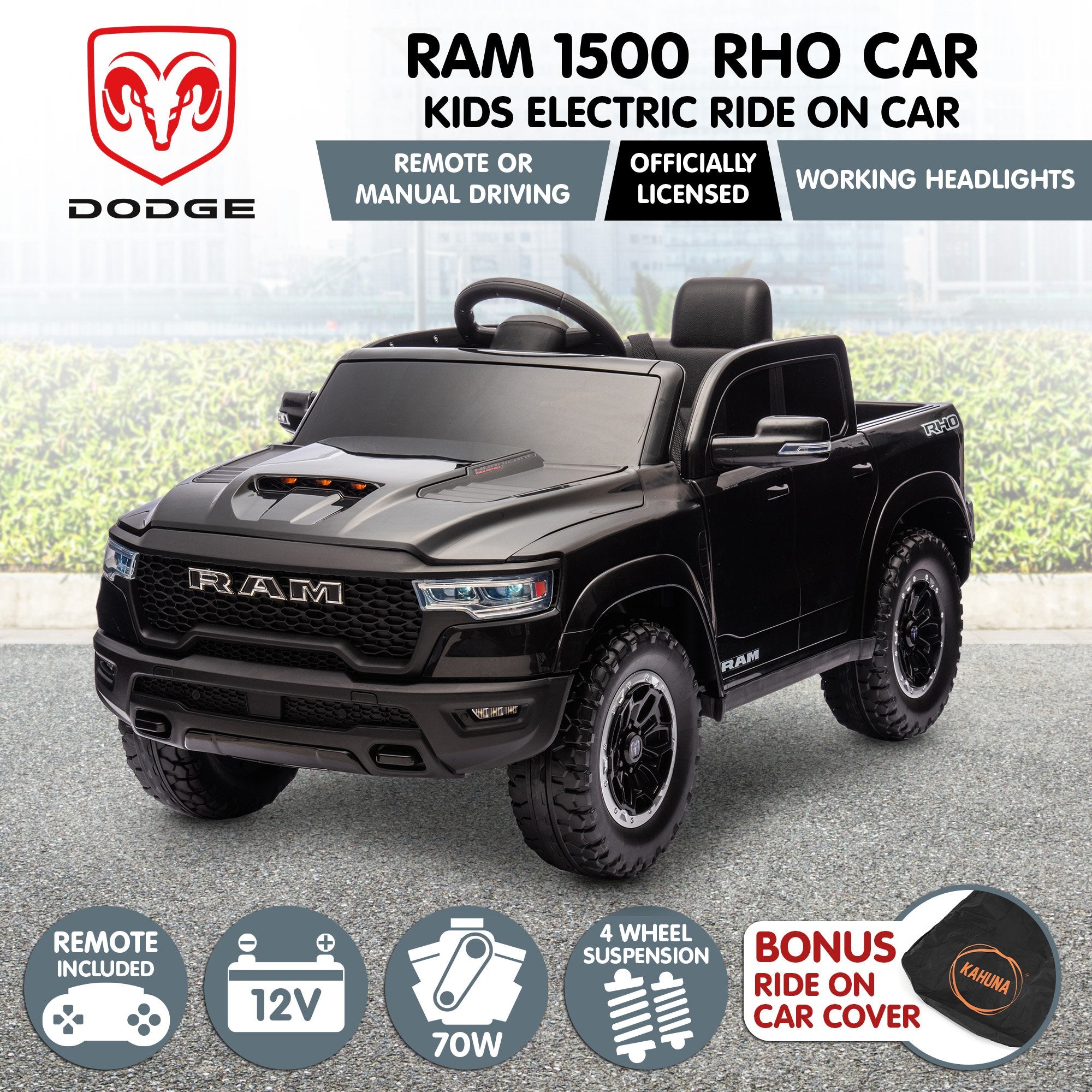 Kahuna Ram 1500 RHO Kids Electric Ride On Car with Remote Control V240-CAR-DDR-618-BK