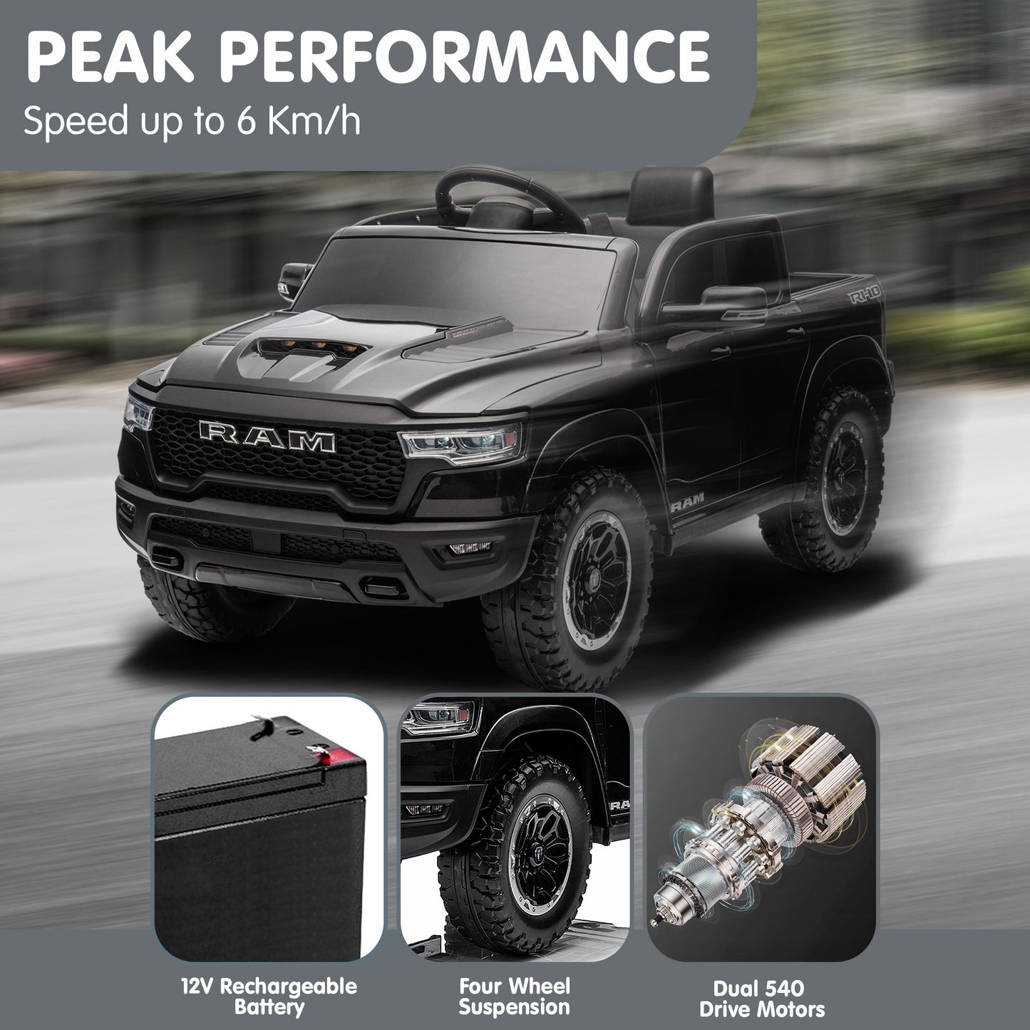 Kahuna Ram 1500 RHO Kids Electric Ride On Car with Remote Control V240-CAR-DDR-618-BK