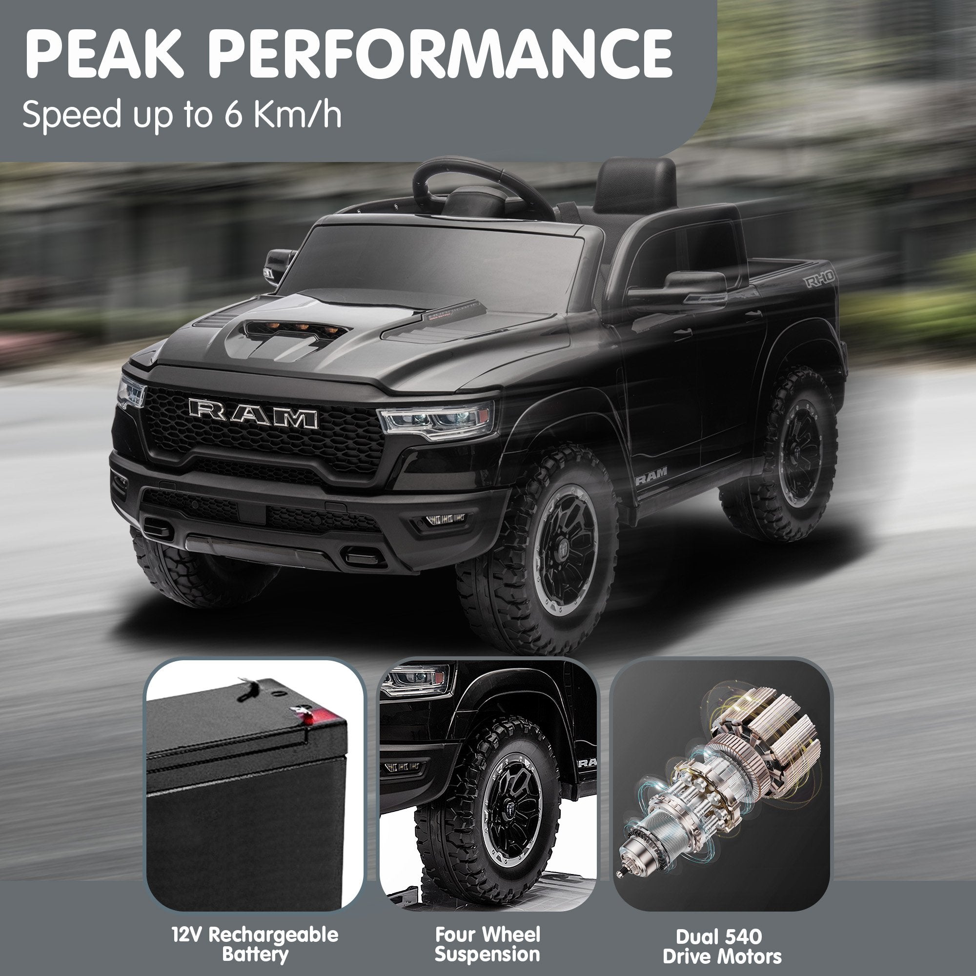 Kahuna Ram 1500 RHO Kids Electric Ride On Car with Remote Control V240-CAR-DDR-618-BK