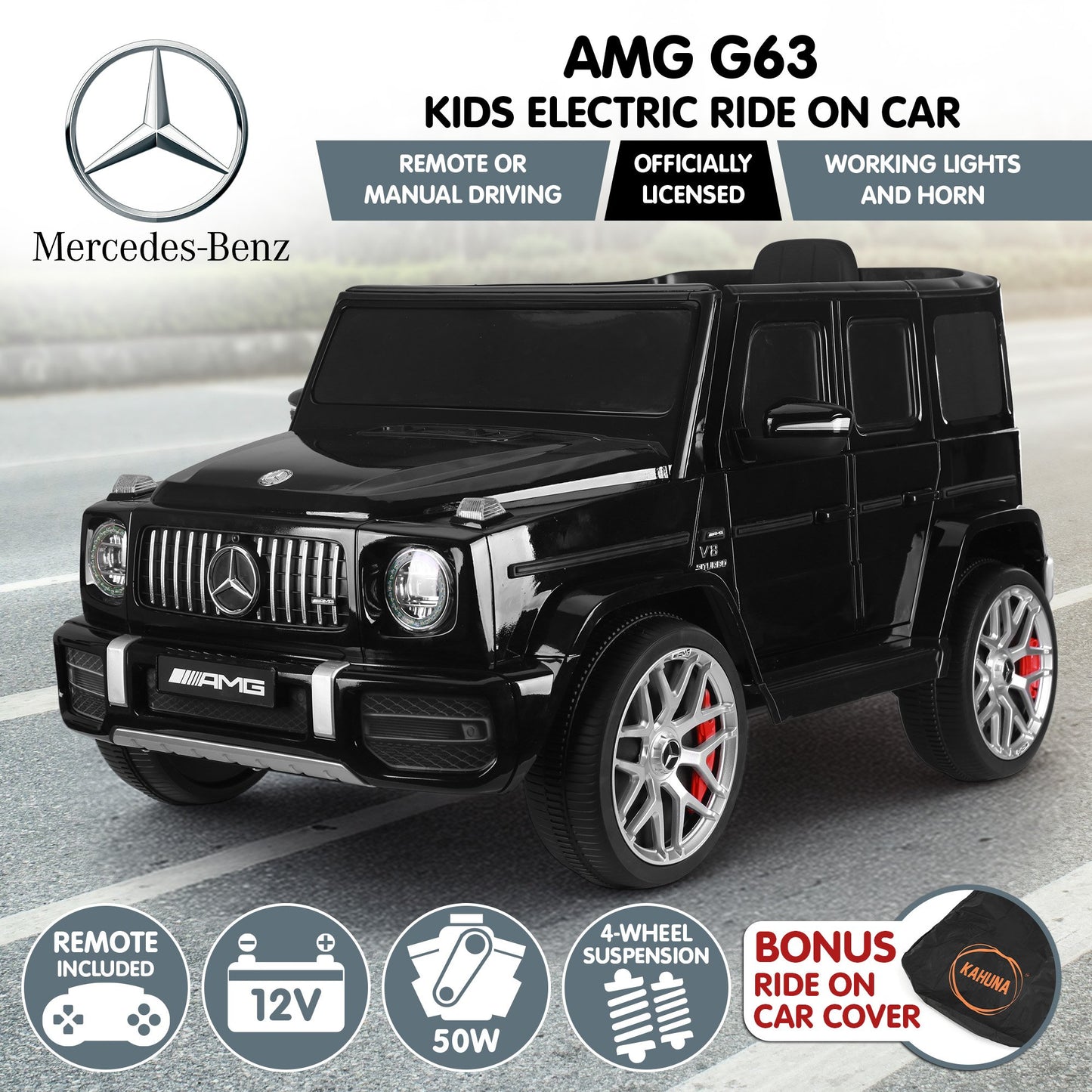 Kahuna Mercedes Benz AMG Licensed G63 Kids Electric Ride On Car Remote Control Dual 25W Motors Music Player V240-CAR-G63-S306-BK