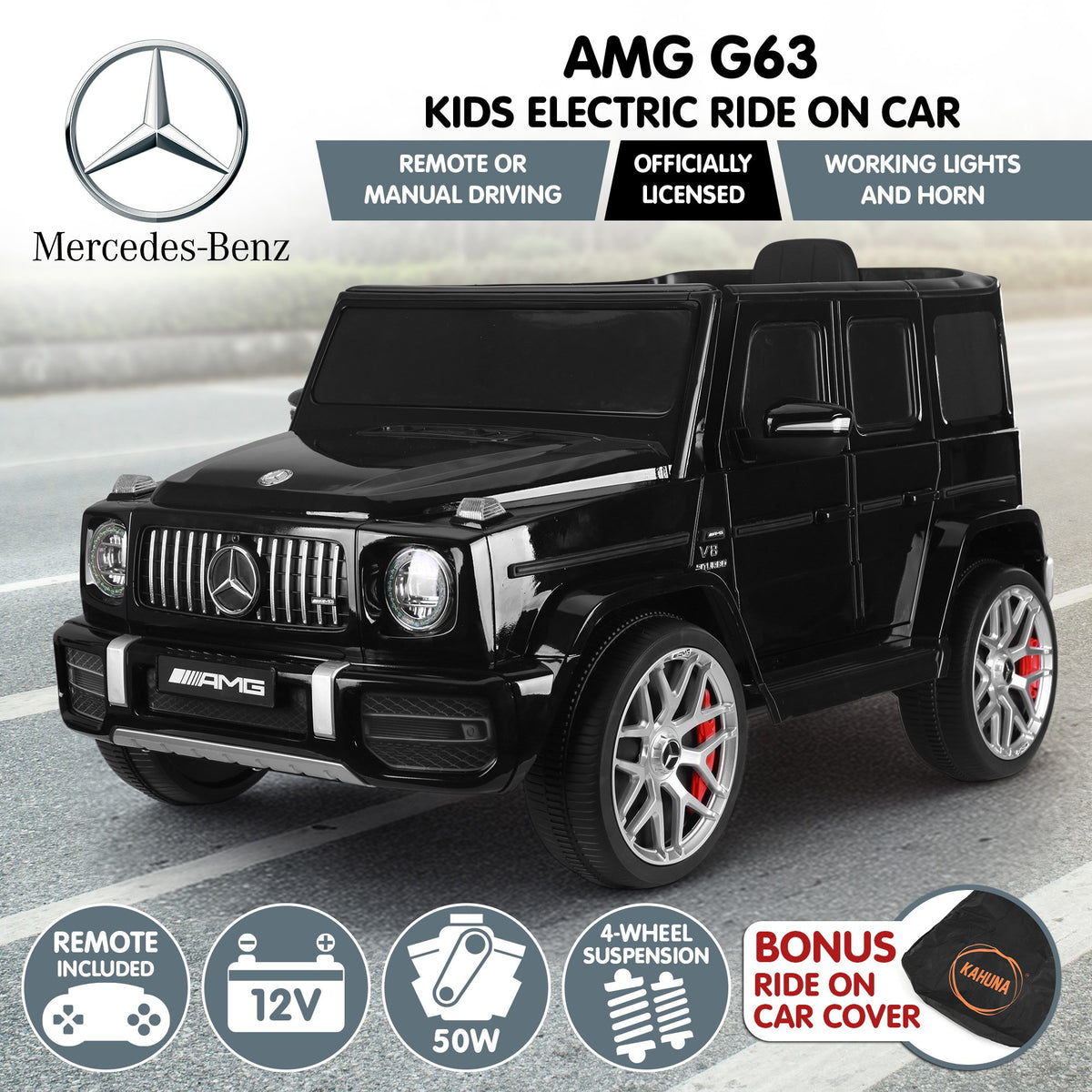 Kahuna Mercedes Benz AMG Licensed G63 Kids Electric Ride On Car Remote Control Dual 25W Motors Music Player V240-CAR-G63-S306-BK